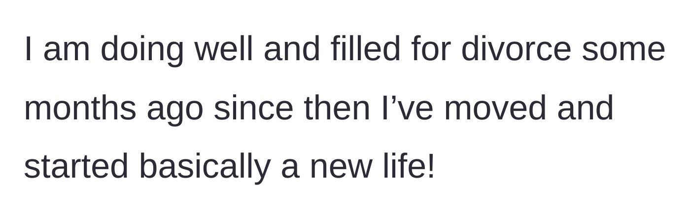 Story part 1 - The author explains her recent divorce and the relief of starting a fresh, new life away from her past.