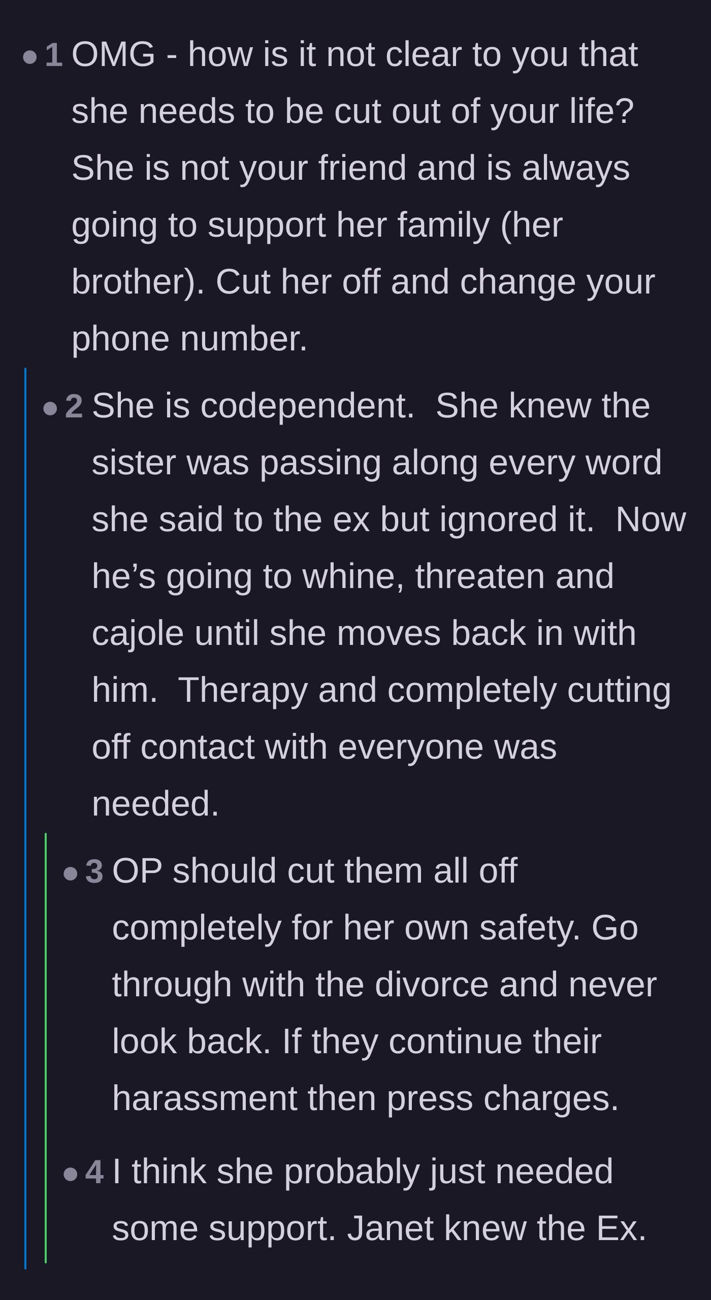 Comment thread 1 - Readers urge the author to immediately cut off her sister-in-law and change her phone number.
