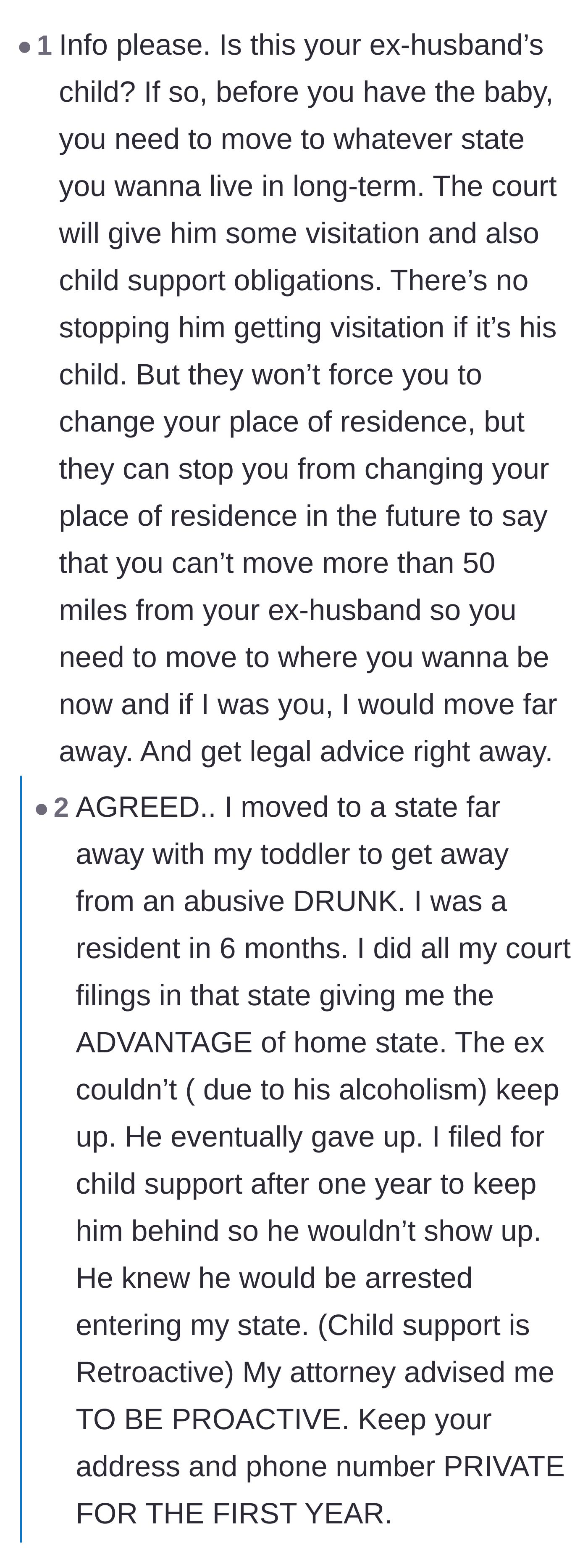 Comment thread 2 - A discussion about the harsh legal realities of custody and the strategic importance of relocating before the baby is born.