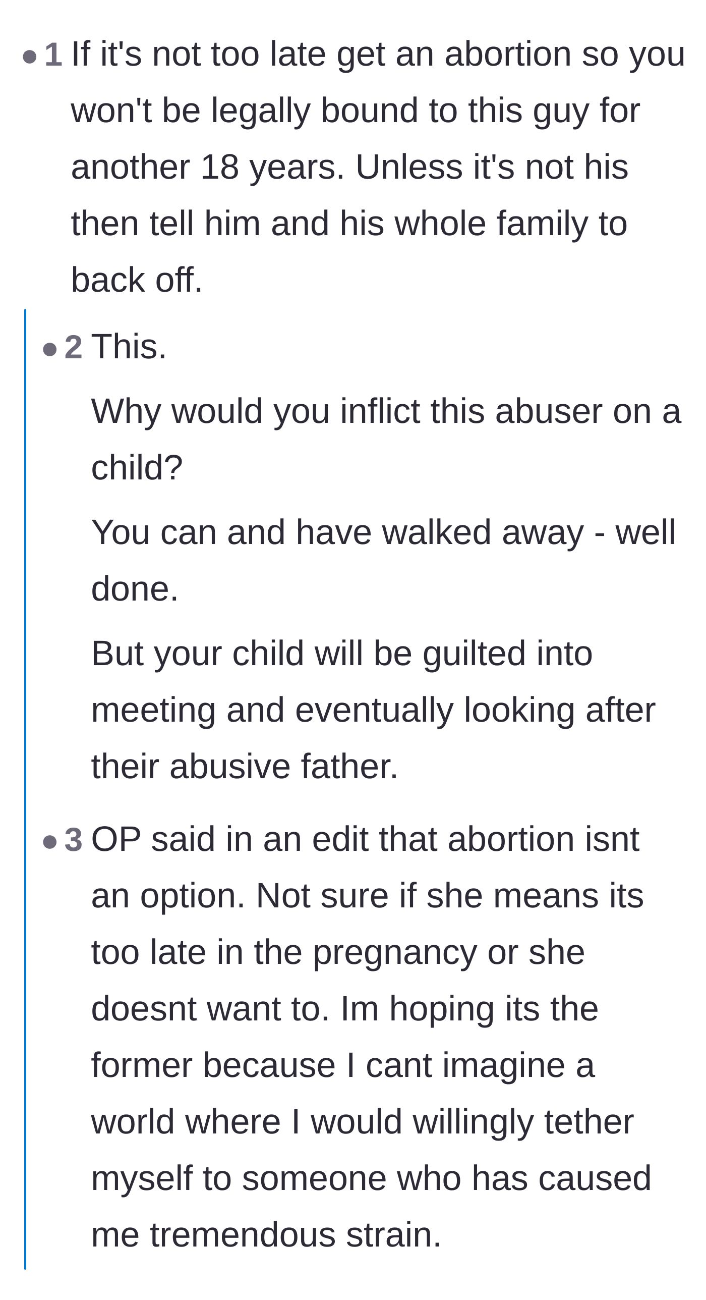 Comment thread 5 - A heavy debate over whether ending the pregnancy is the only true means of escape, despite the author's boundaries.