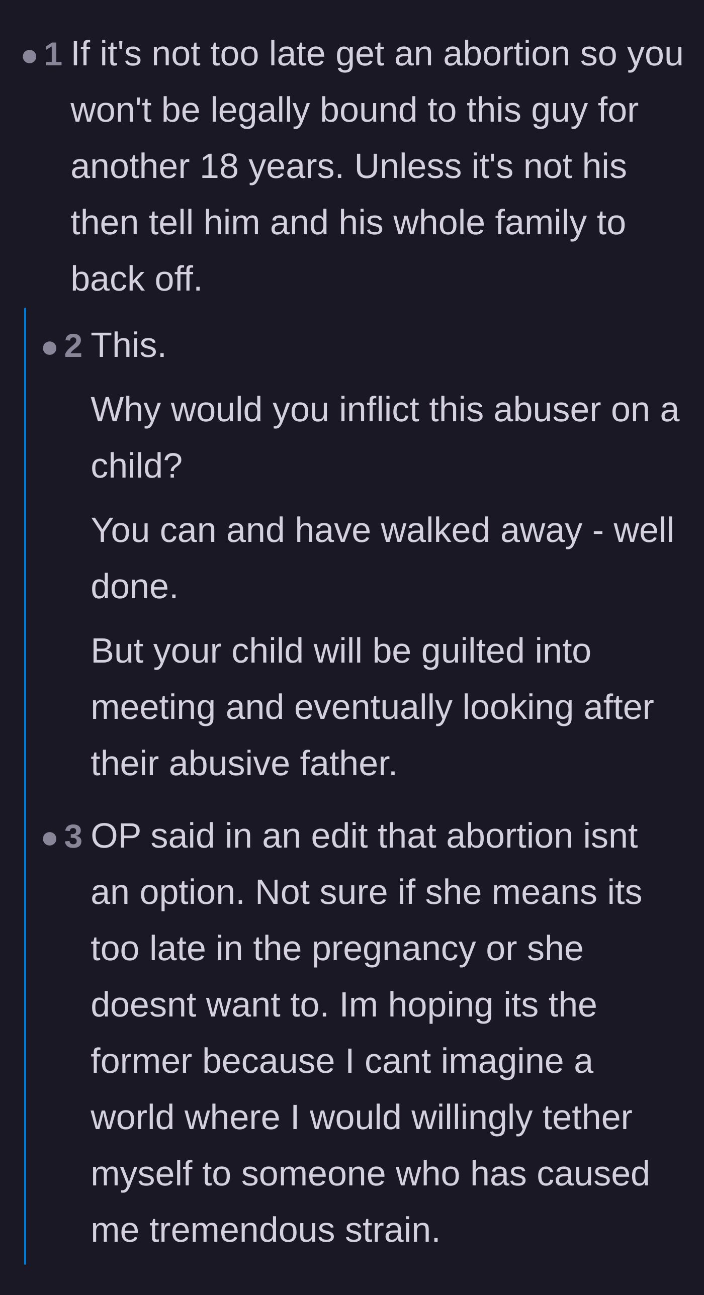 Comment thread 5 - A heavy debate over whether ending the pregnancy is the only true means of escape, despite the author's boundaries.