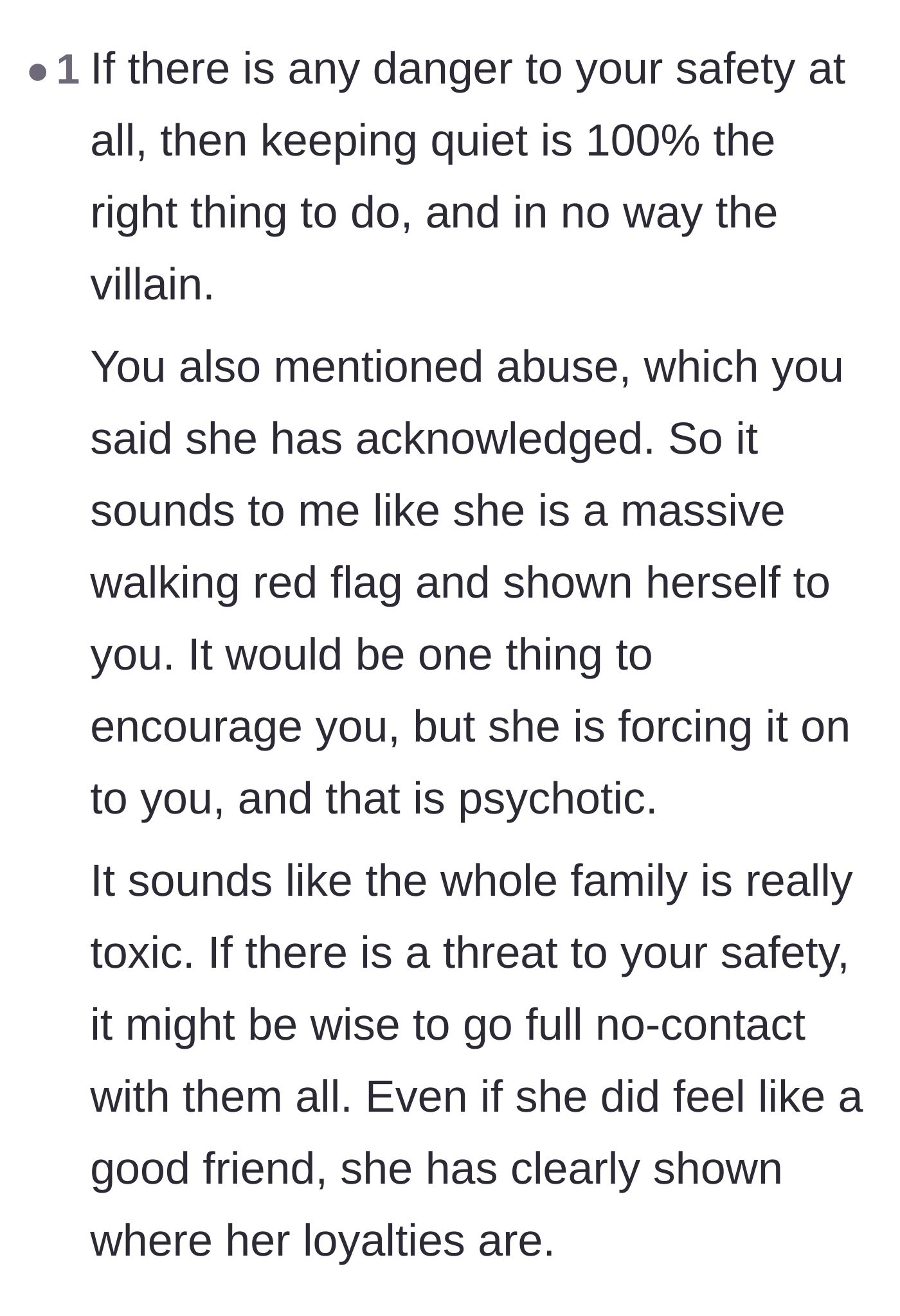 Comment thread 6 - Complete validation that keeping the pregnancy a secret was the right move and that the entire family system is toxic.