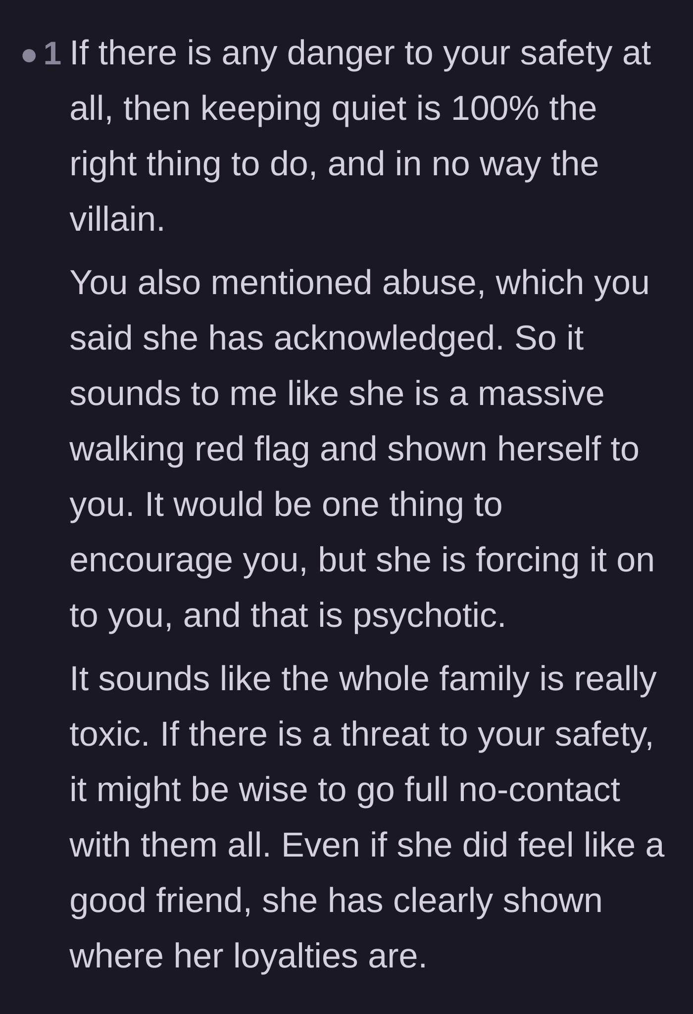 Comment thread 6 - Complete validation that keeping the pregnancy a secret was the right move and that the entire family system is toxic.