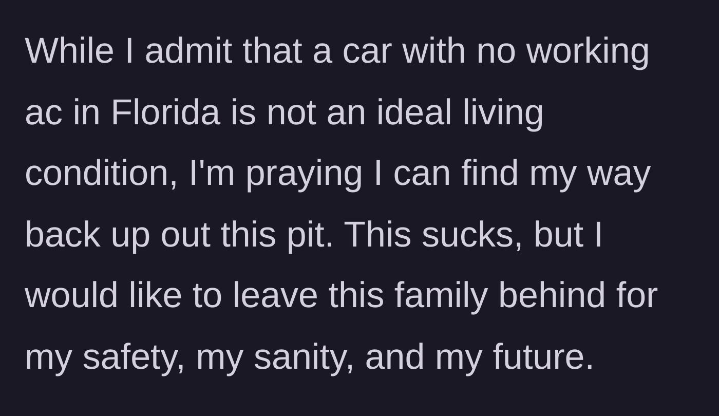 Story part 3 - The main character acknowledges the grim reality of living in a sweltering Florida car but resolves to leave their toxic family for their own future.