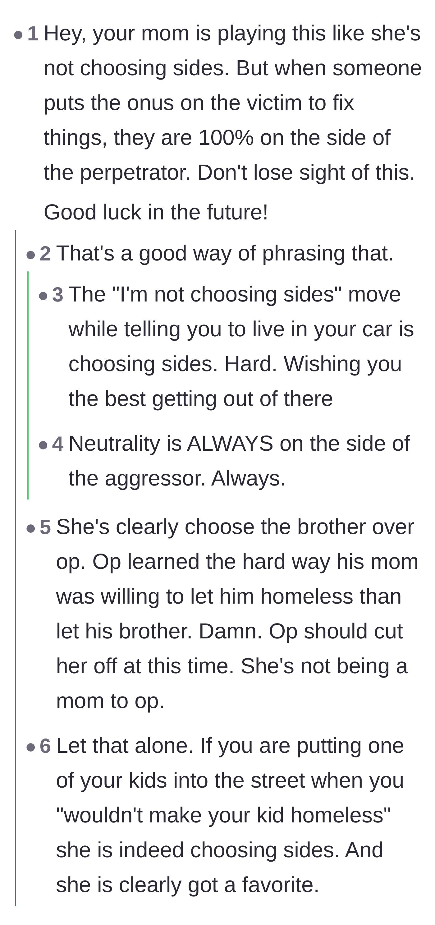 Comment thread 1 - Readers point out that demanding the victim make peace while offering them the street is an active choice to support the abuser.