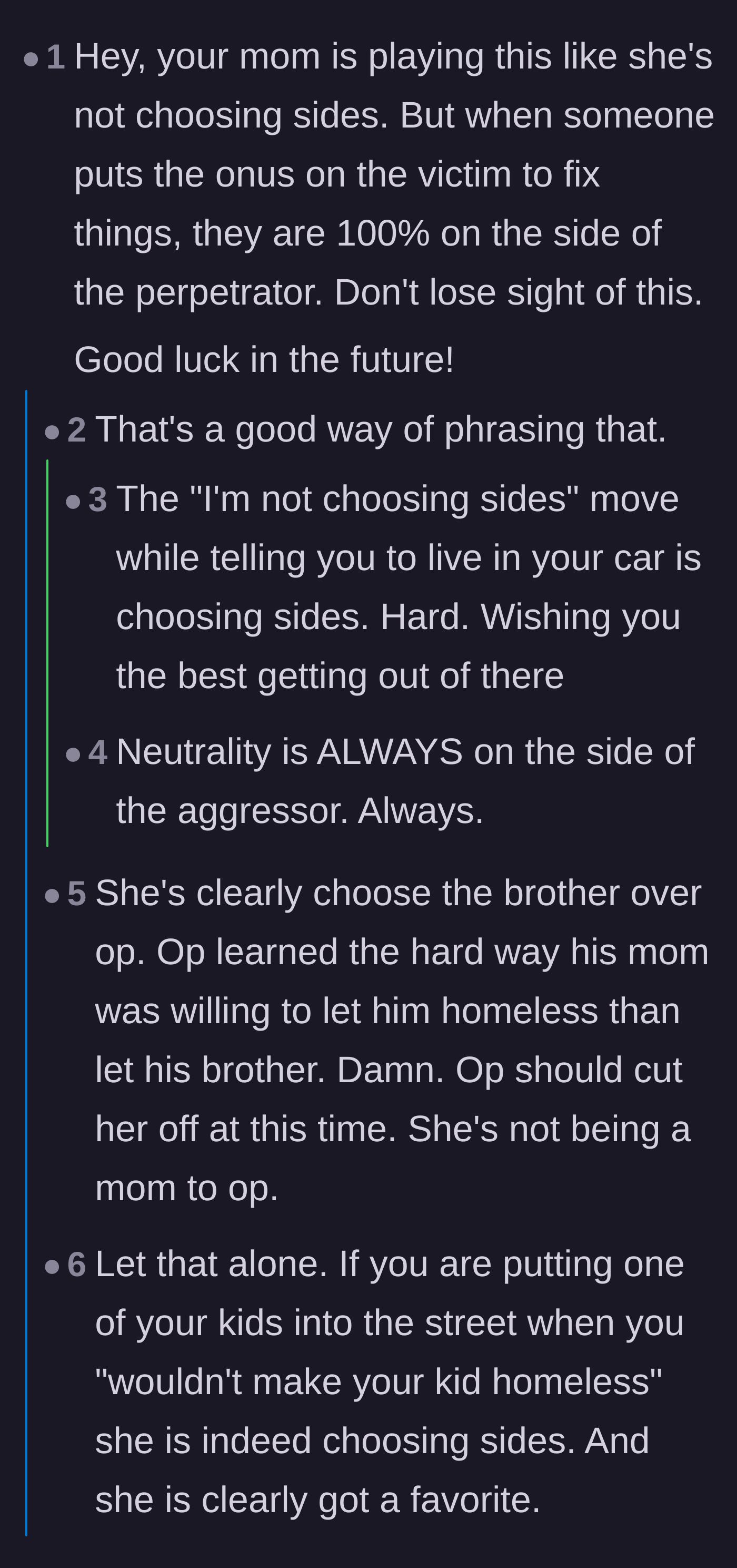 Comment thread 1 - Readers point out that demanding the victim make peace while offering them the street is an active choice to support the abuser.
