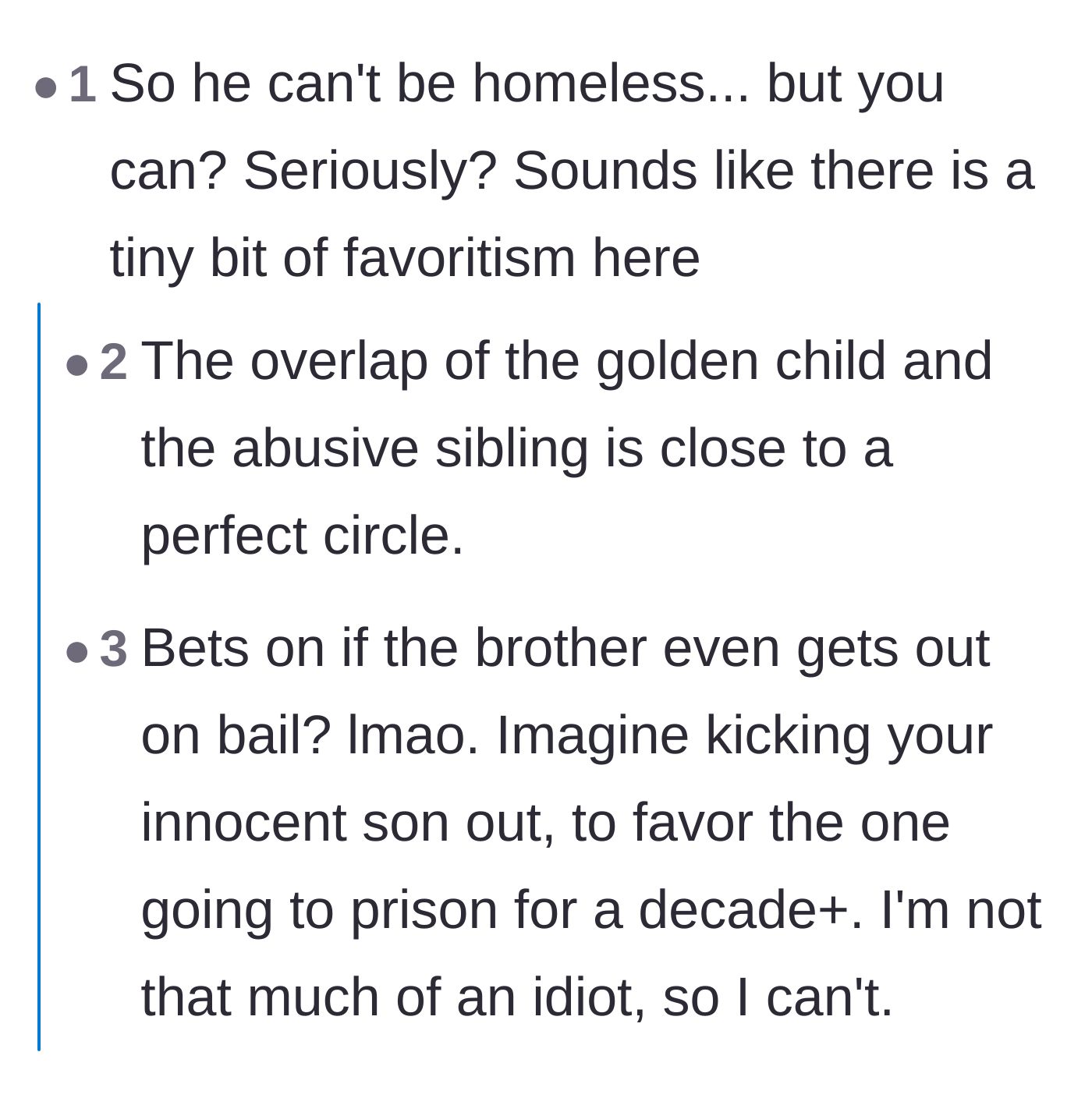 Comment thread 2 - Commenters discuss the glaring favoritism of the mother prioritizing a violent golden child over the innocent sibling.