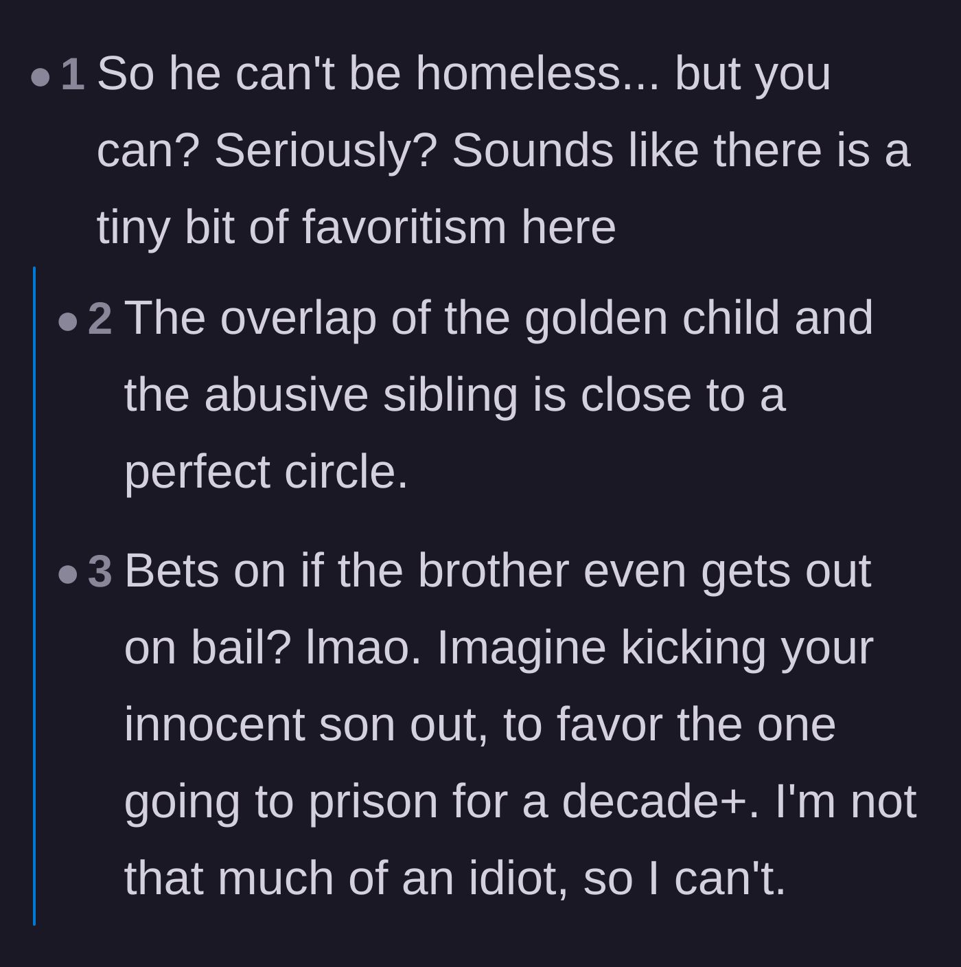 Comment thread 2 - Commenters discuss the glaring favoritism of the mother prioritizing a violent golden child over the innocent sibling.