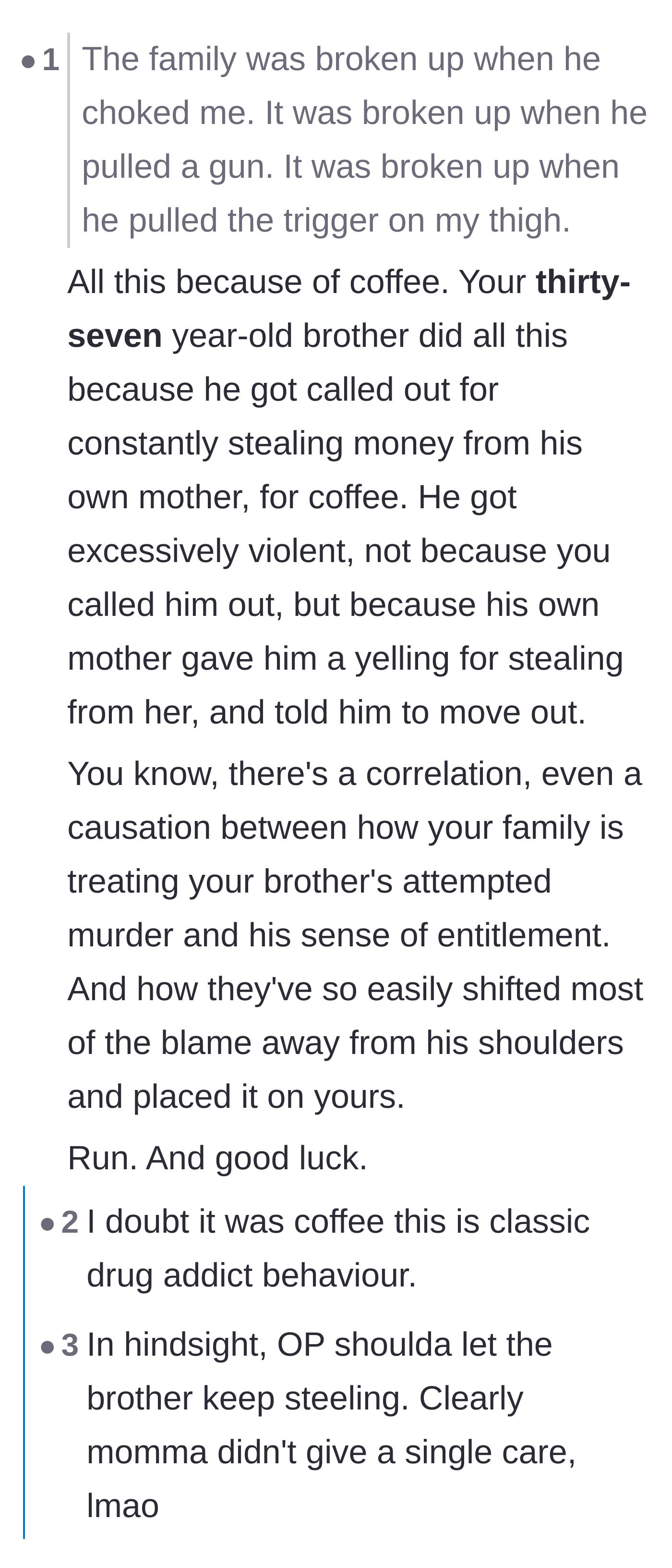 Comment thread 3 - The community reflects on the grim irony that the mother was more outraged by stolen coffee money than a gunshot.