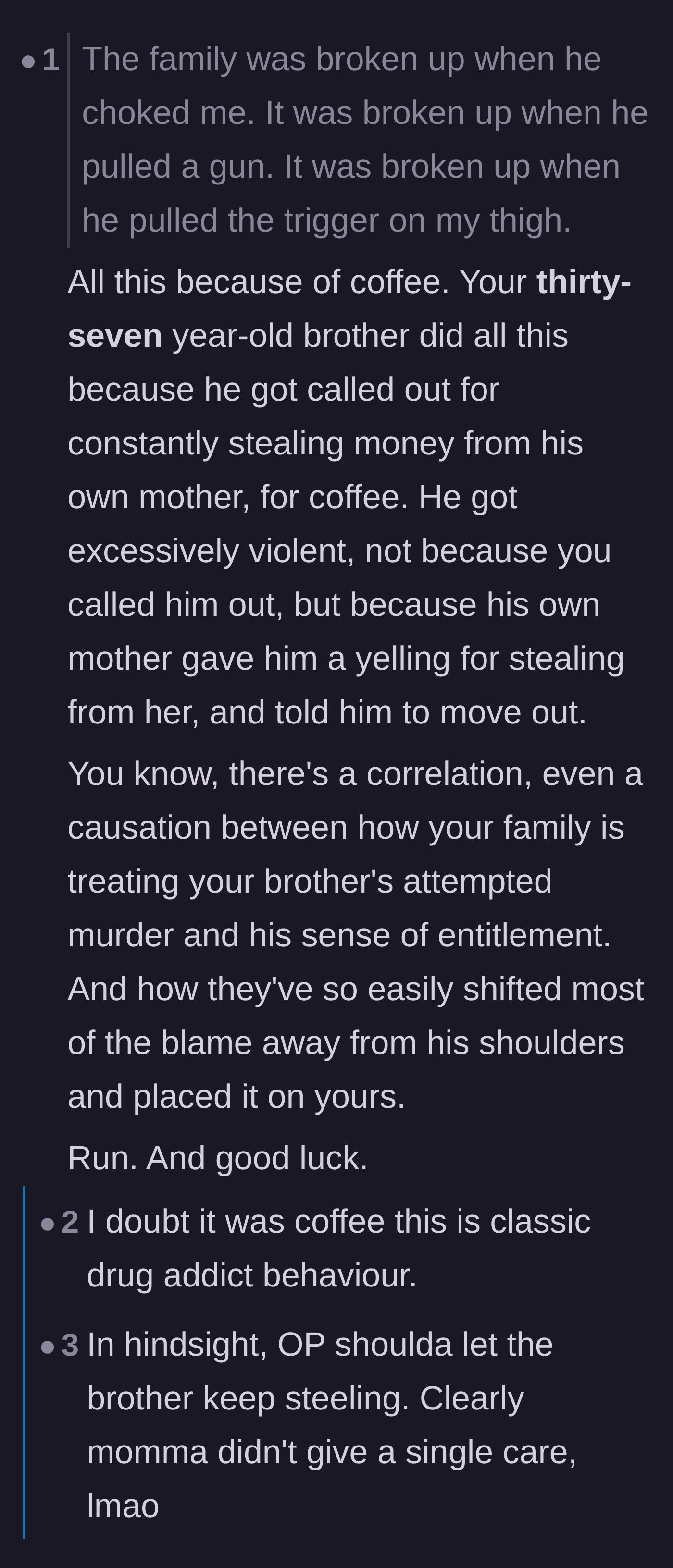 Comment thread 3 - The community reflects on the grim irony that the mother was more outraged by stolen coffee money than a gunshot.