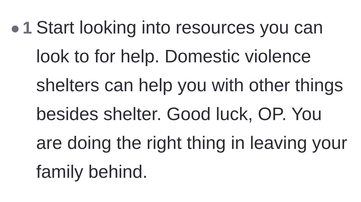Comment thread 4 - A reader advises the main character to seek help from local domestic violence shelters.