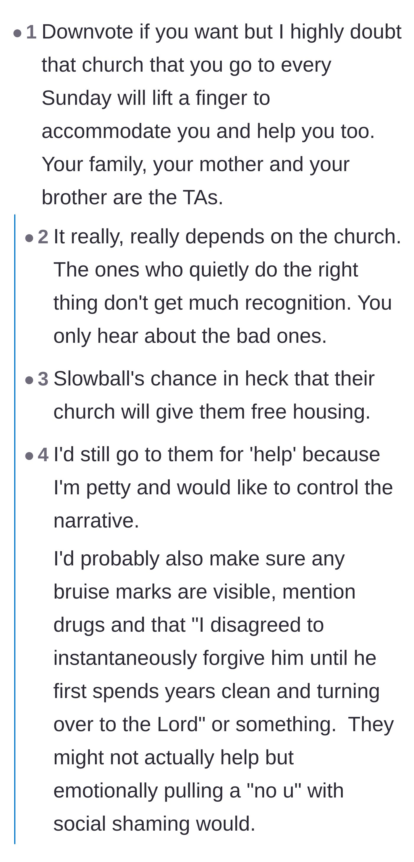 Comment thread 5 - A debate on whether the mother's church community would actually offer tangible help or just judgment.