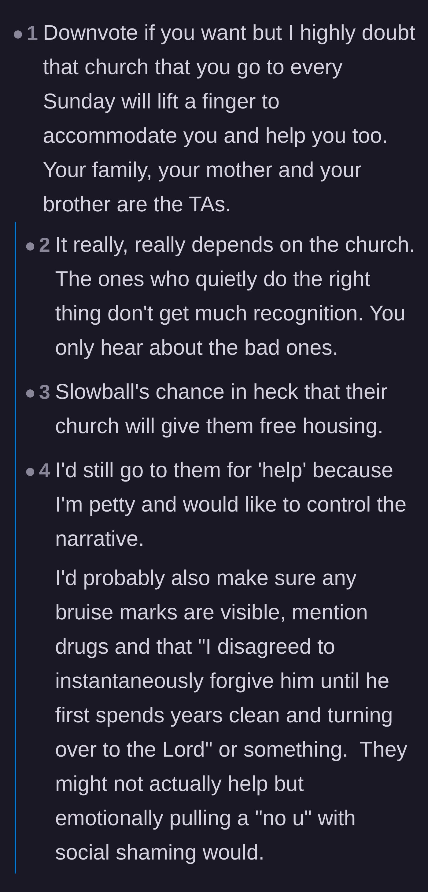 Comment thread 5 - A debate on whether the mother's church community would actually offer tangible help or just judgment.