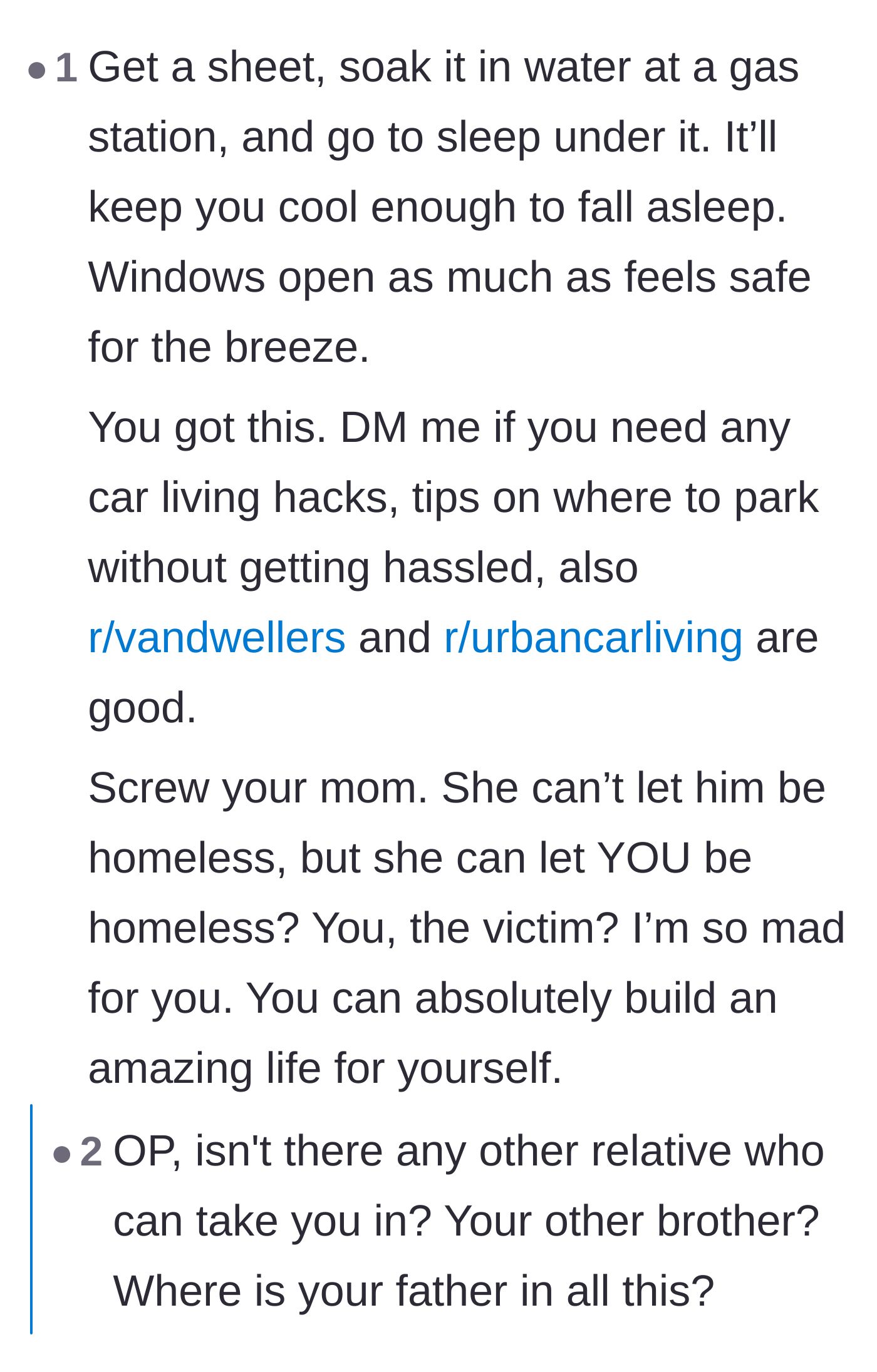 Comment thread 6 - Practical survival tips for living in a car during the brutal summer heat.