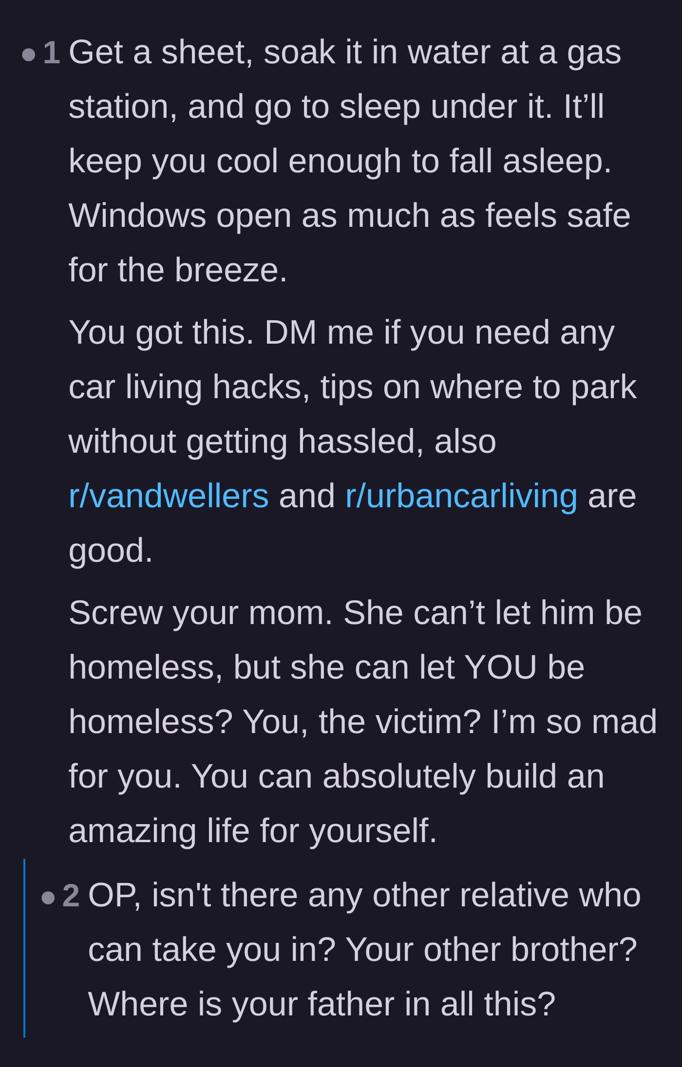 Comment thread 6 - Practical survival tips for living in a car during the brutal summer heat.