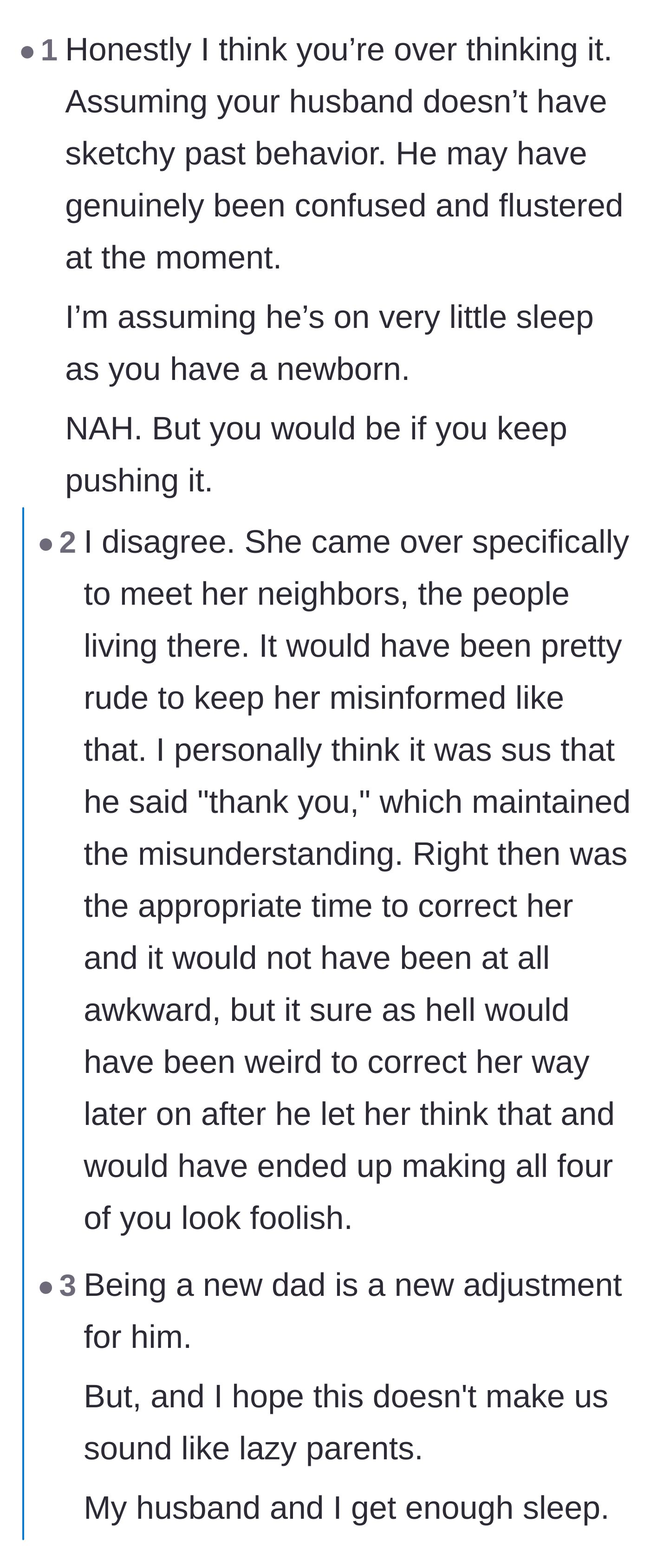 Comment thread 2 - Discussion weighing the grace owed to sleep-deprived new parents against the undeniable strangeness of thanking someone for the wrong wife.