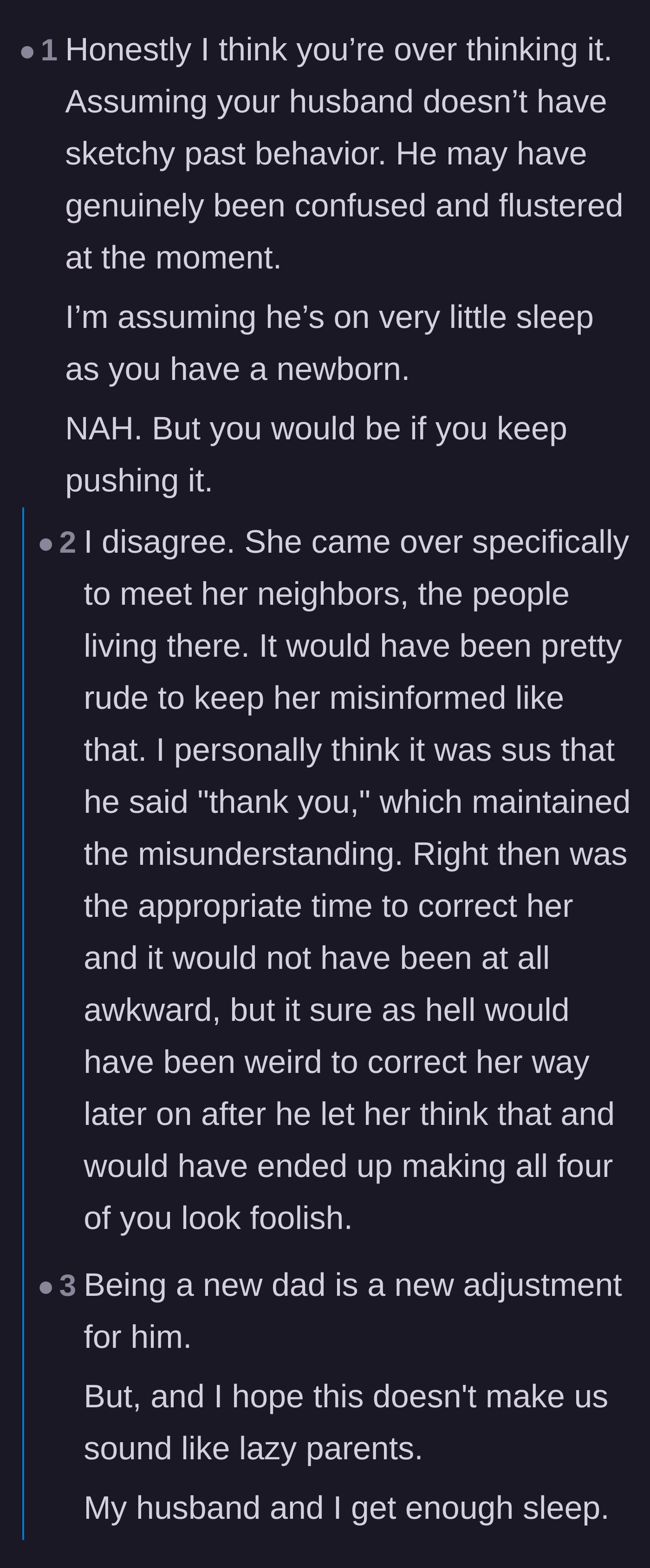Comment thread 2 - Discussion weighing the grace owed to sleep-deprived new parents against the undeniable strangeness of thanking someone for the wrong wife.