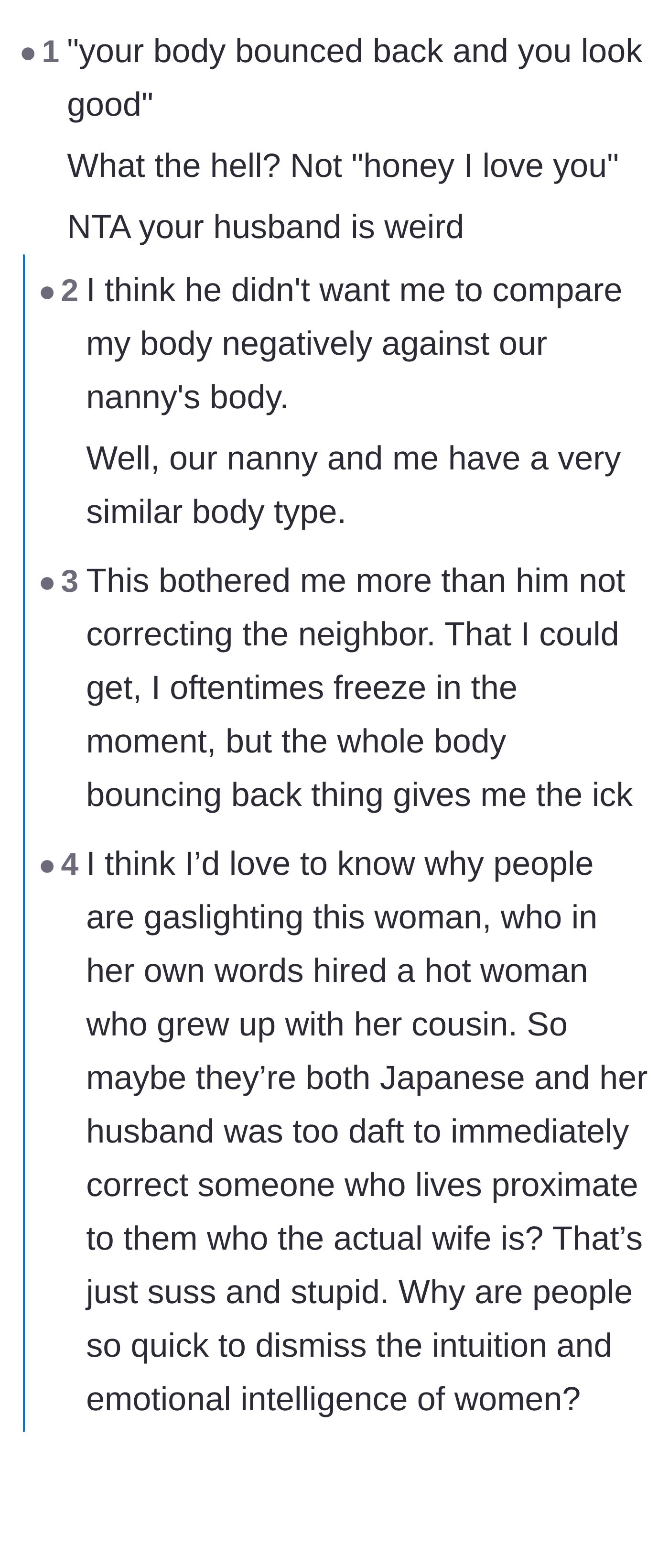 Comment thread 3 - Analysis of the husband's baffling deflection regarding his wife's postpartum body and the underlying insecurities at play.