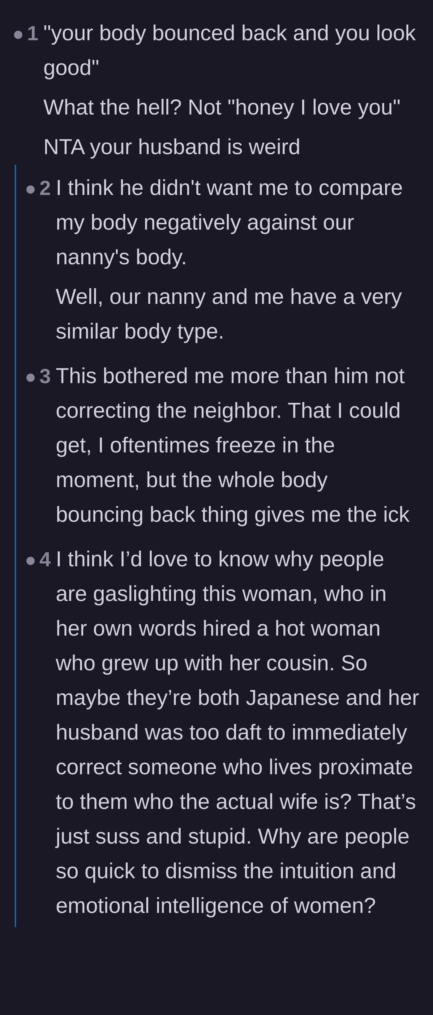 Comment thread 3 - Analysis of the husband's baffling deflection regarding his wife's postpartum body and the underlying insecurities at play.