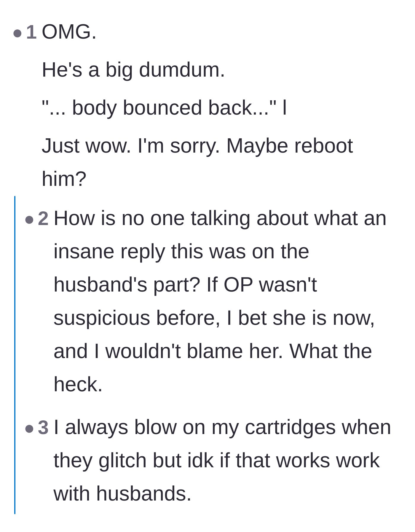 Comment thread 5 - Humorous suggestions to 'reboot' the husband after his disastrously glitchy handling of the confrontation.