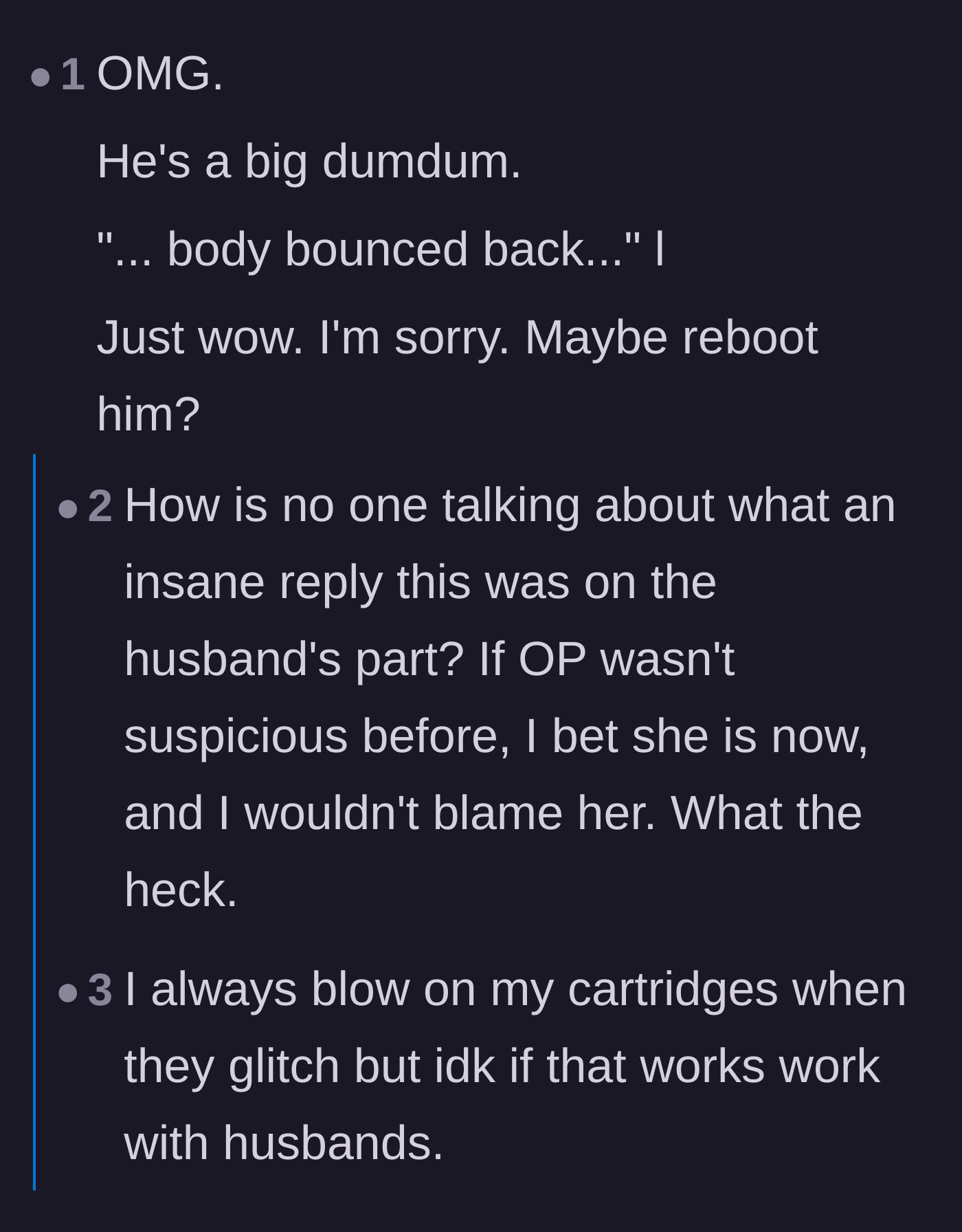 Comment thread 5 - Humorous suggestions to 'reboot' the husband after his disastrously glitchy handling of the confrontation.