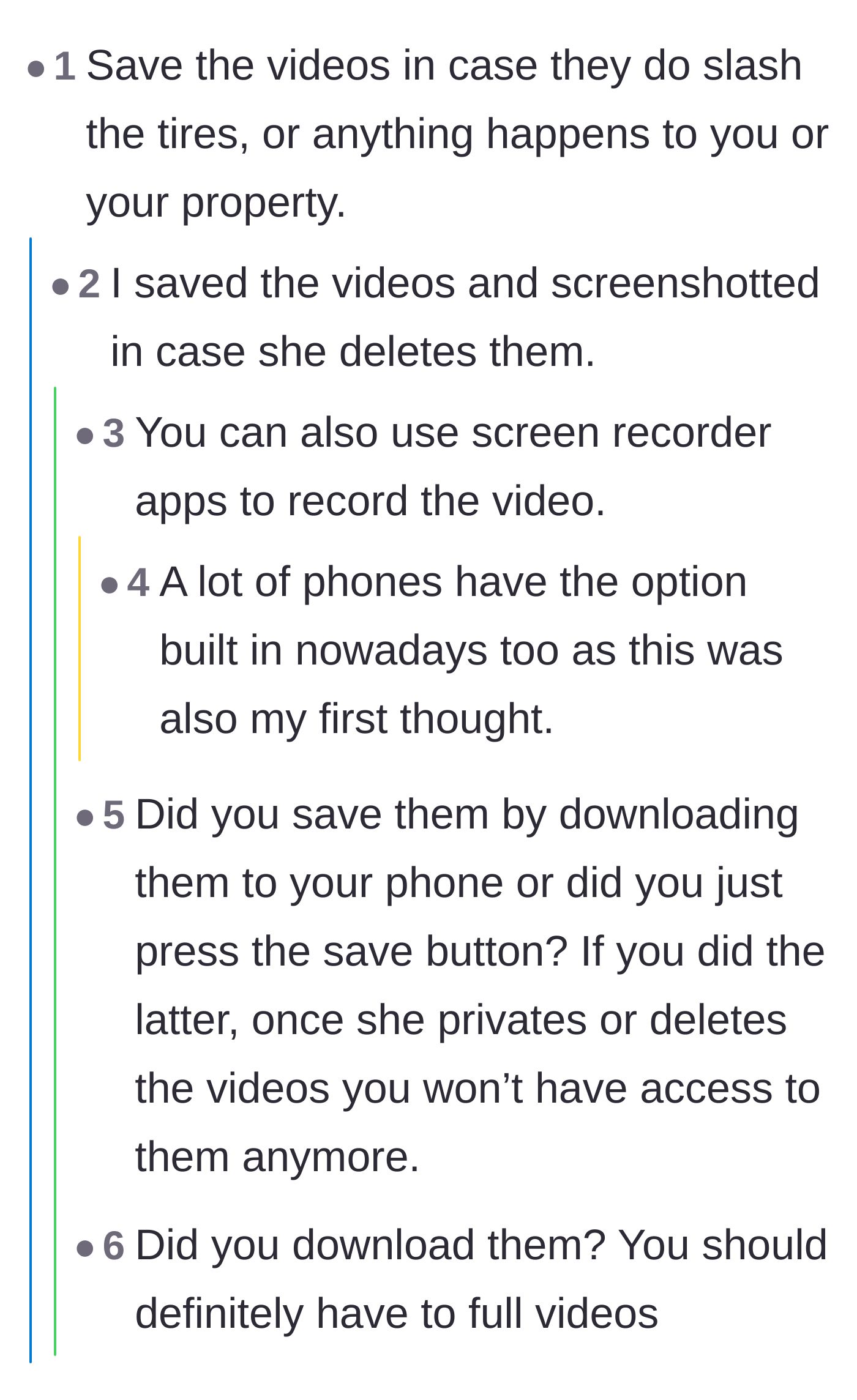 Comment thread 2 - Practical advice on how to properly screen-record and download digital evidence before it gets deleted.