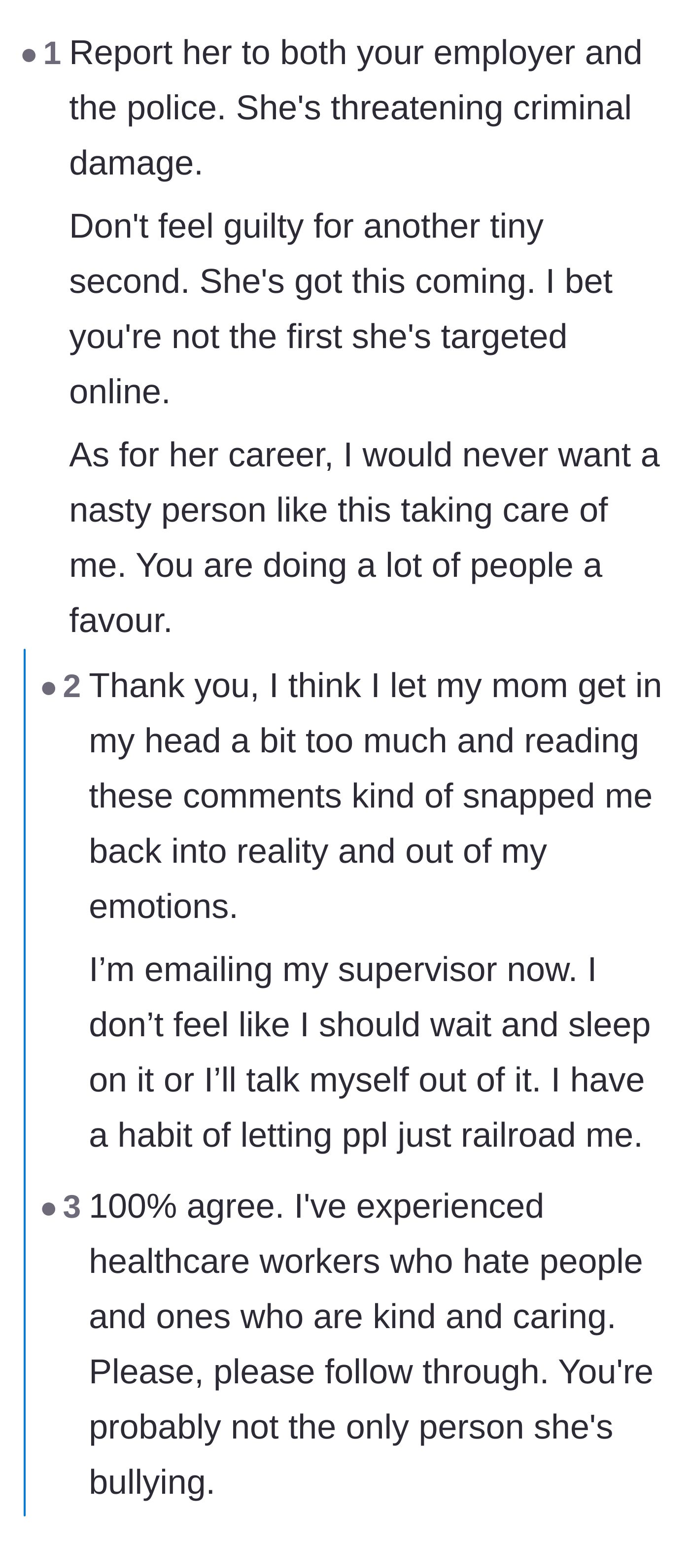 Comment thread 4 - Urging the victim to file a police report over the property threats and ignoring the mother's outdated advice.