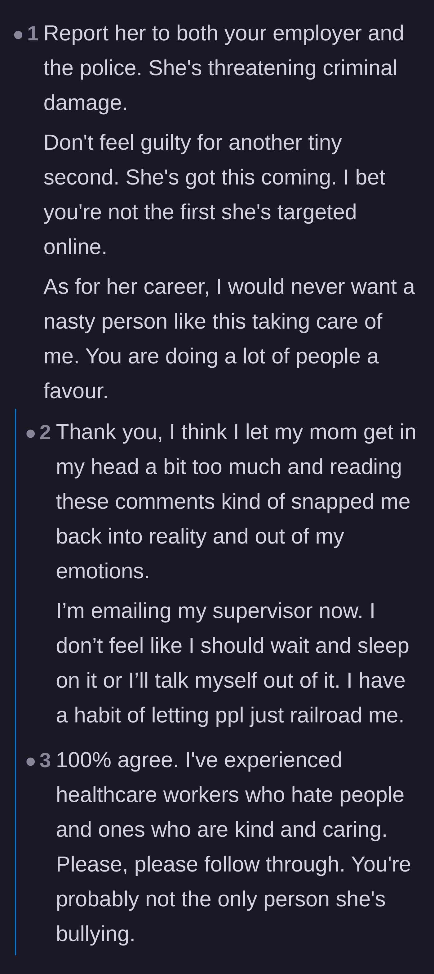 Comment thread 4 - Urging the victim to file a police report over the property threats and ignoring the mother's outdated advice.