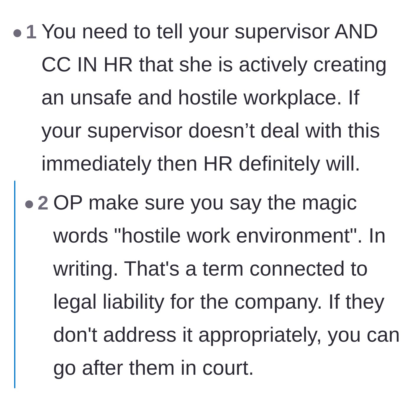 Comment thread 5 - A strategic breakdown of how to use specific legal terminology like 'hostile work environment' with HR.