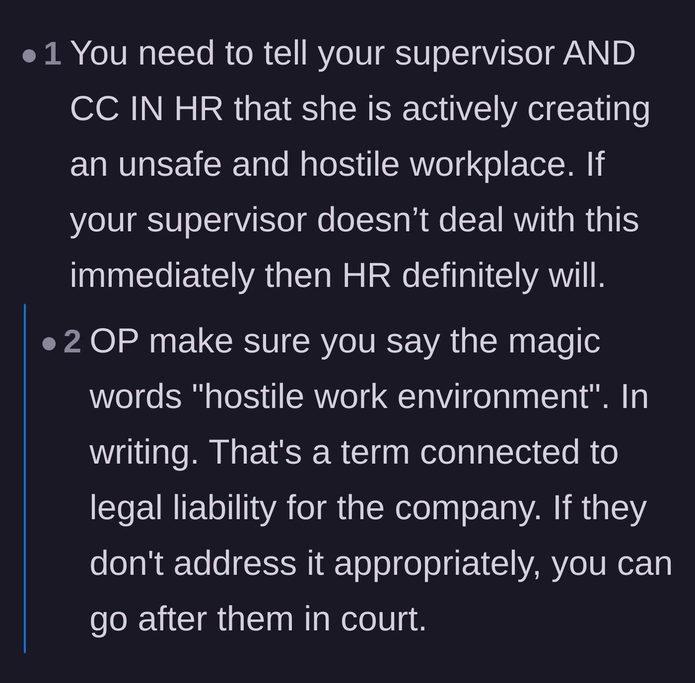 Comment thread 5 - A strategic breakdown of how to use specific legal terminology like 'hostile work environment' with HR.