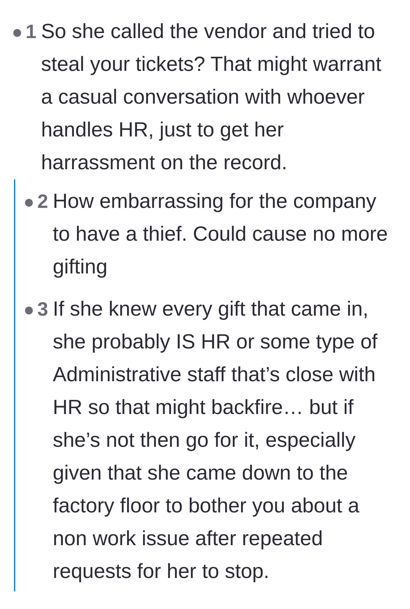 Comment thread 1 - Discussing the coworker's attempted theft and the structural risks of reporting her to HR