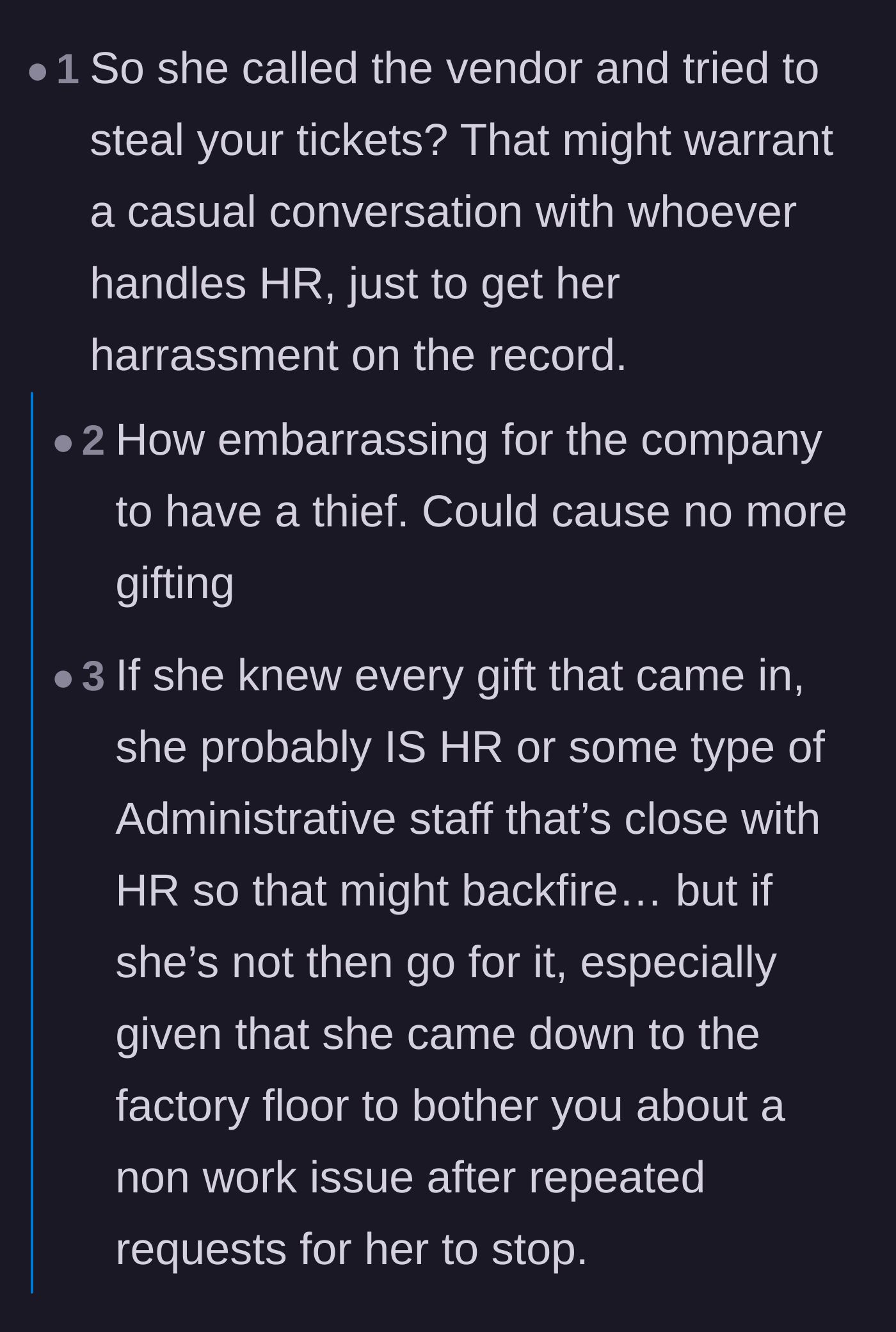 Comment thread 1 - Discussing the coworker's attempted theft and the structural risks of reporting her to HR