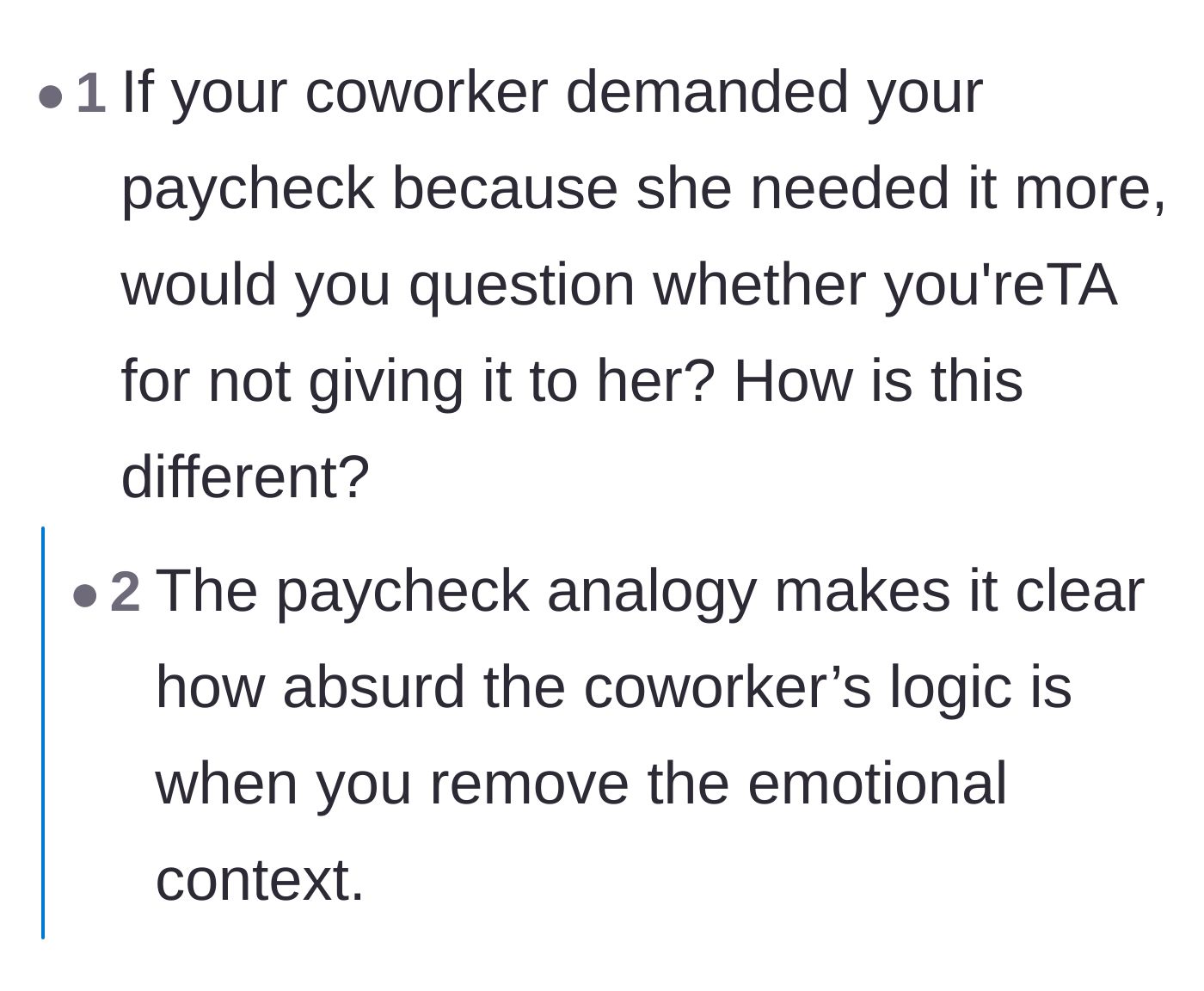 Comment thread 3 - Comparing the coworker's ticket demand to demanding a portion of his paycheck