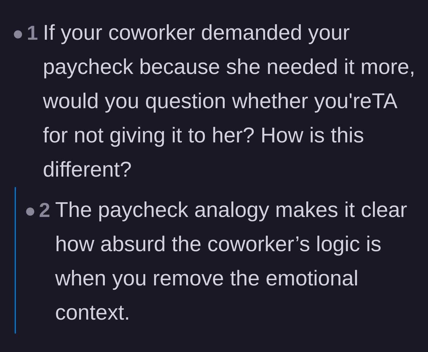 Comment thread 3 - Comparing the coworker's ticket demand to demanding a portion of his paycheck