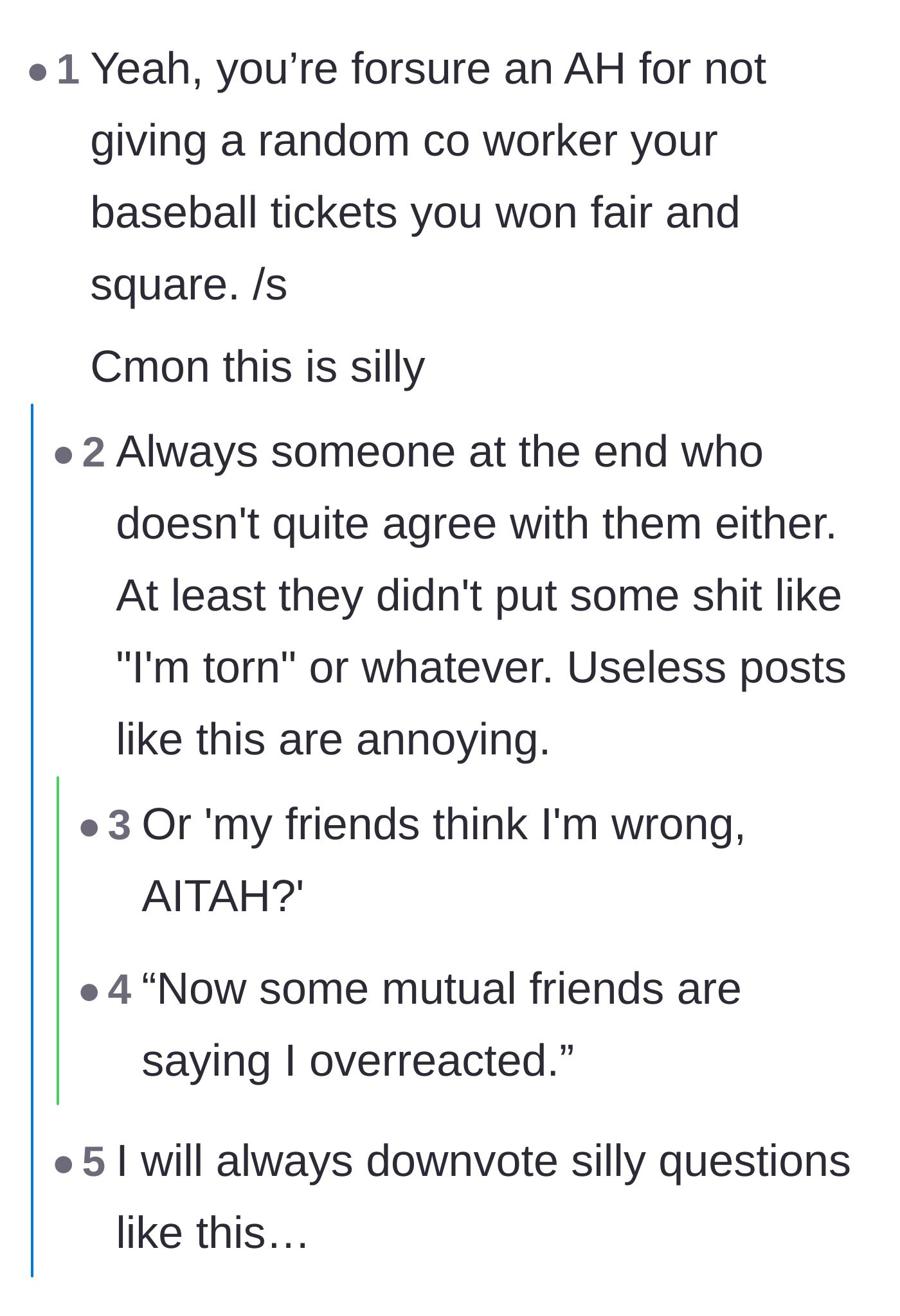 Comment thread 4 - Sarcastic responses criticizing the repetitive enabling bystander patterns in workplace conflict stories