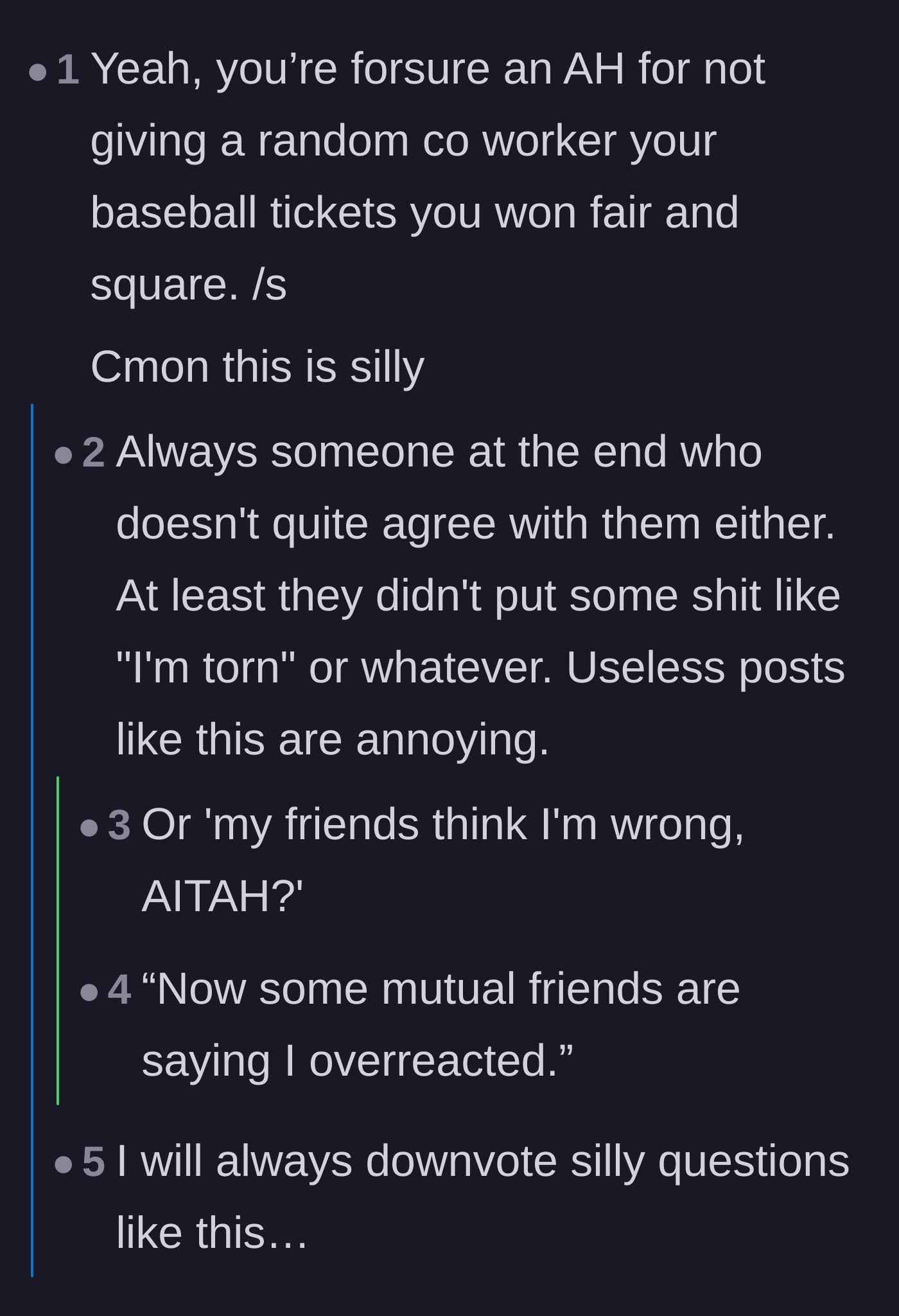 Comment thread 4 - Sarcastic responses criticizing the repetitive enabling bystander patterns in workplace conflict stories