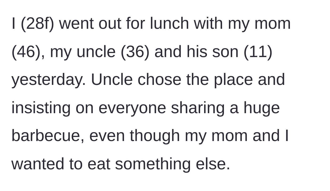 Story part 1 - Uncle forces the family to share a massive barbecue platter against their stated preferences.