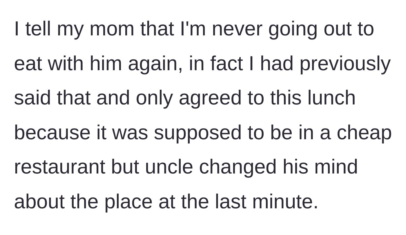 Story part 4 - Main character vents to her mother about the uncle bait-and-switching the restaurant from cheap to expensive.