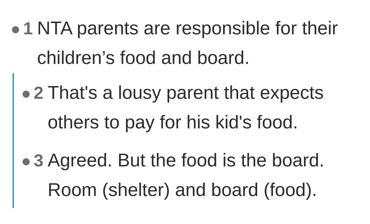Comment thread 1 - Readers discussing the fundamental financial obligations of parenthood.