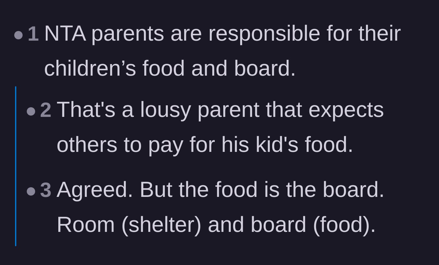 Comment thread 1 - Readers discussing the fundamental financial obligations of parenthood.