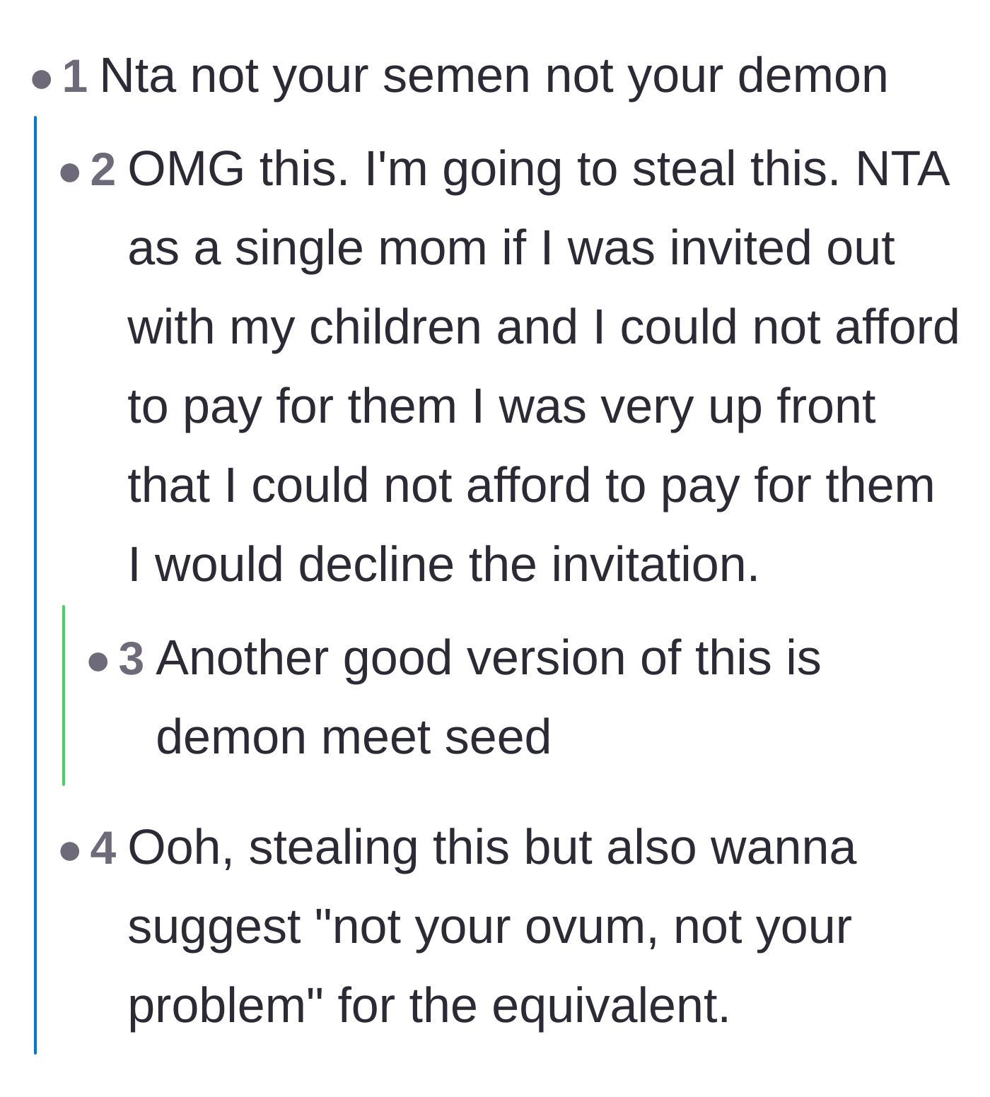Comment thread 2 - A humorous, rhyming catchphrase about not paying for children that aren't yours.