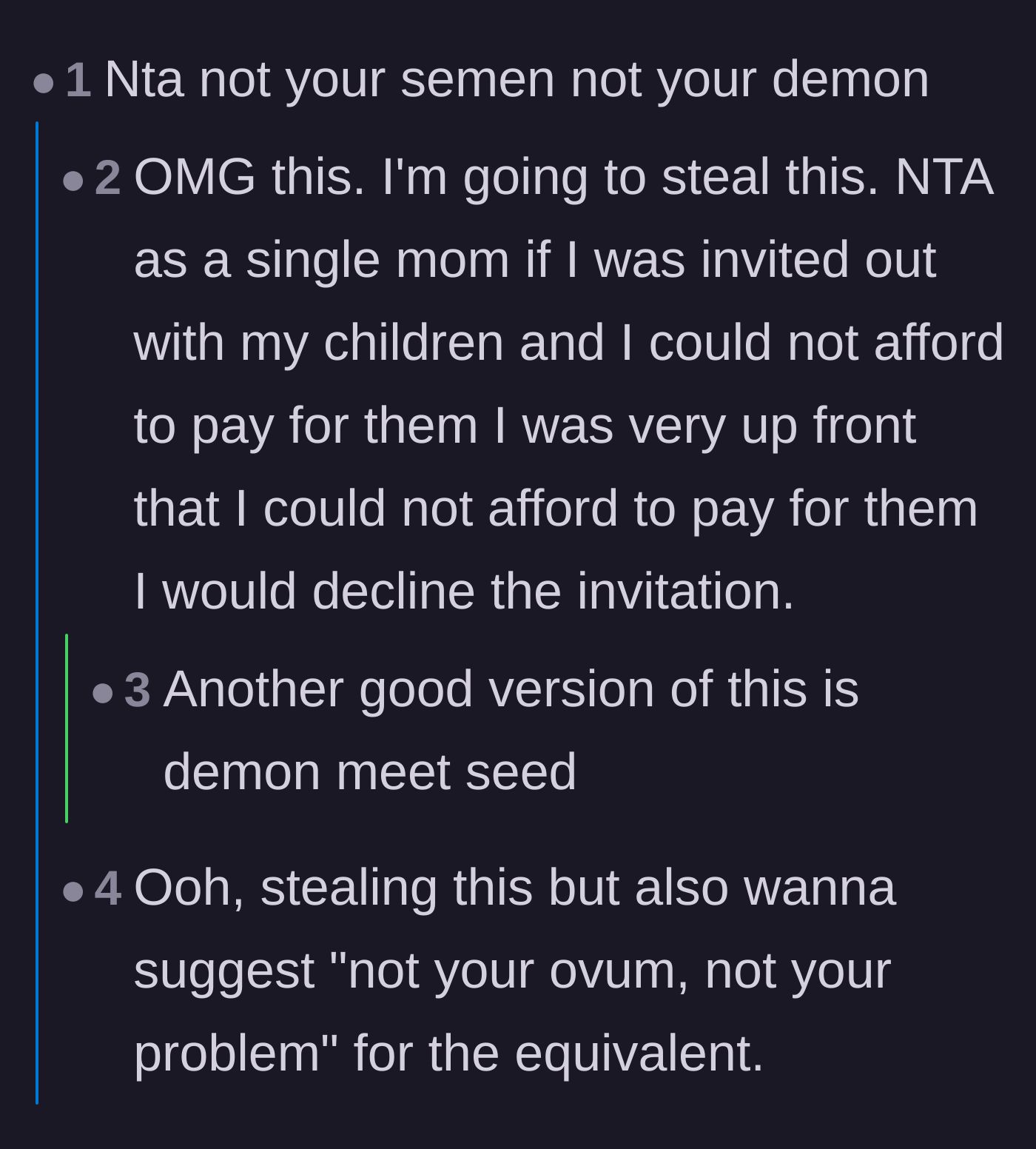 Comment thread 2 - A humorous, rhyming catchphrase about not paying for children that aren't yours.