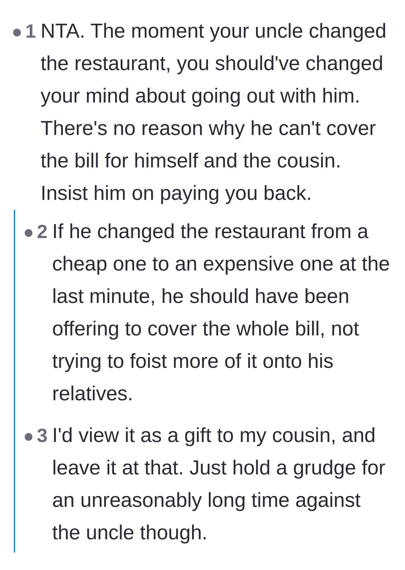 Comment thread 3 - Commenters pointing out that the restaurant bait-and-switch was the moment to walk away.