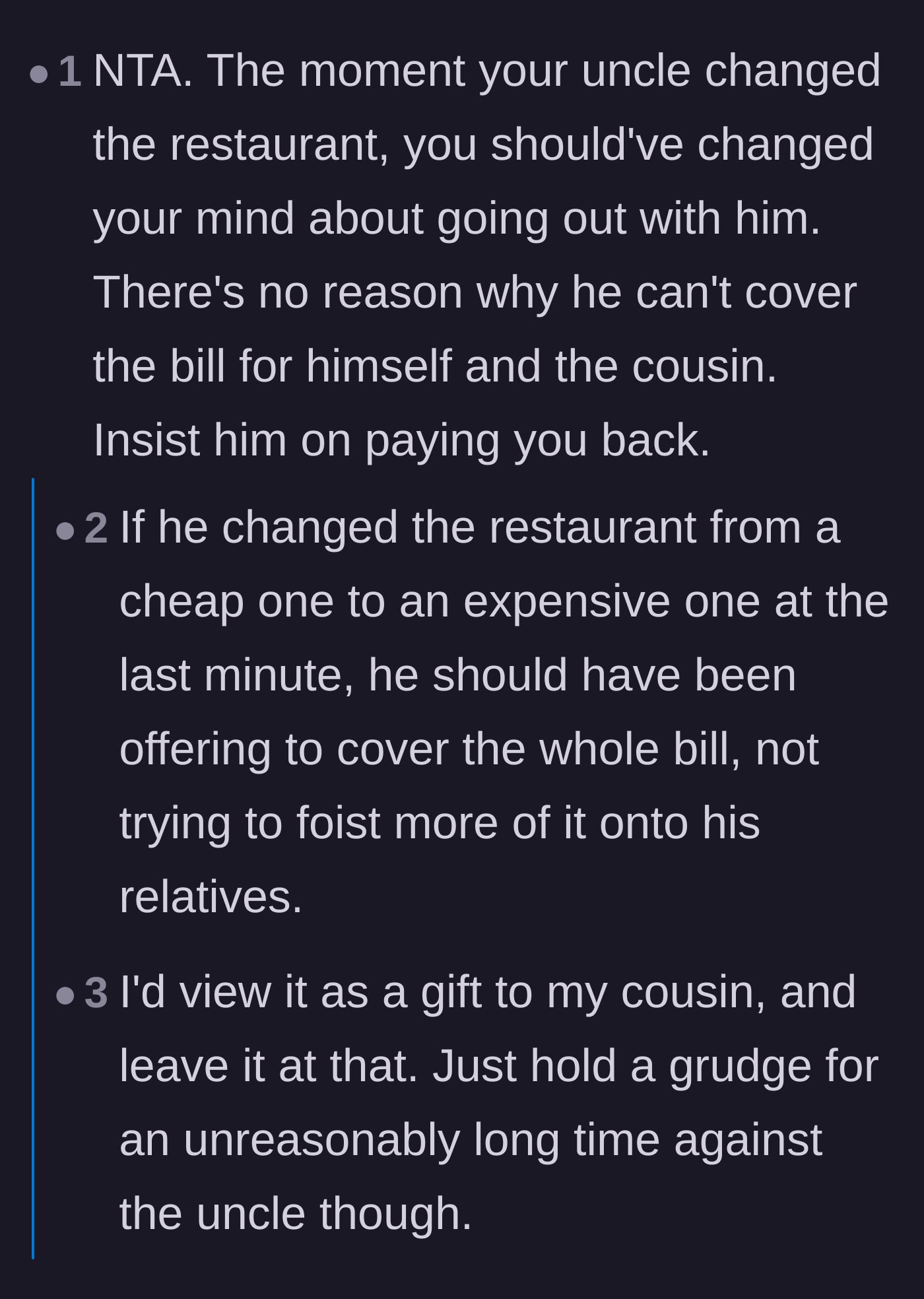 Comment thread 3 - Commenters pointing out that the restaurant bait-and-switch was the moment to walk away.