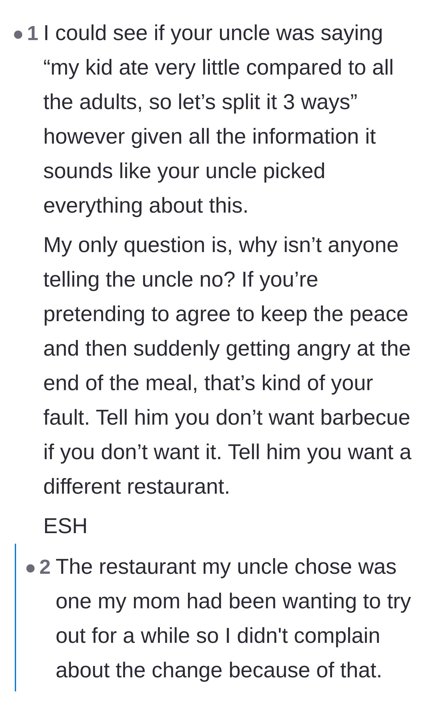 Comment thread 5 - A reader criticizing the group for not shutting down the uncle's demands earlier.