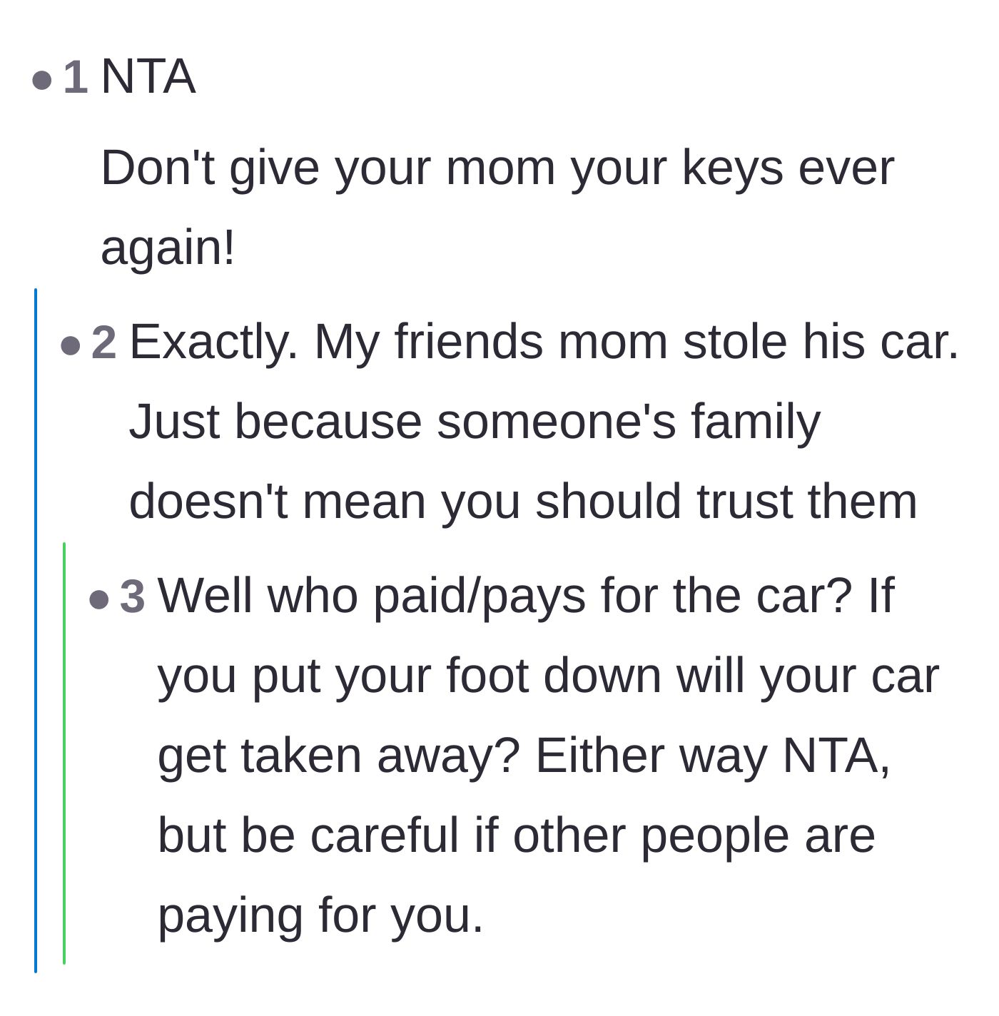 Comment thread 1 - Readers warning the driver never to hand over her keys to her mother again and noting that family members can still steal.