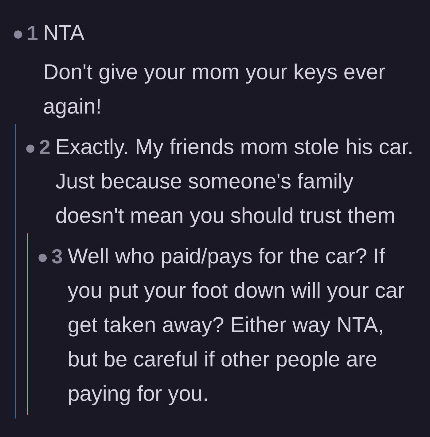 Comment thread 1 - Readers warning the driver never to hand over her keys to her mother again and noting that family members can still steal.