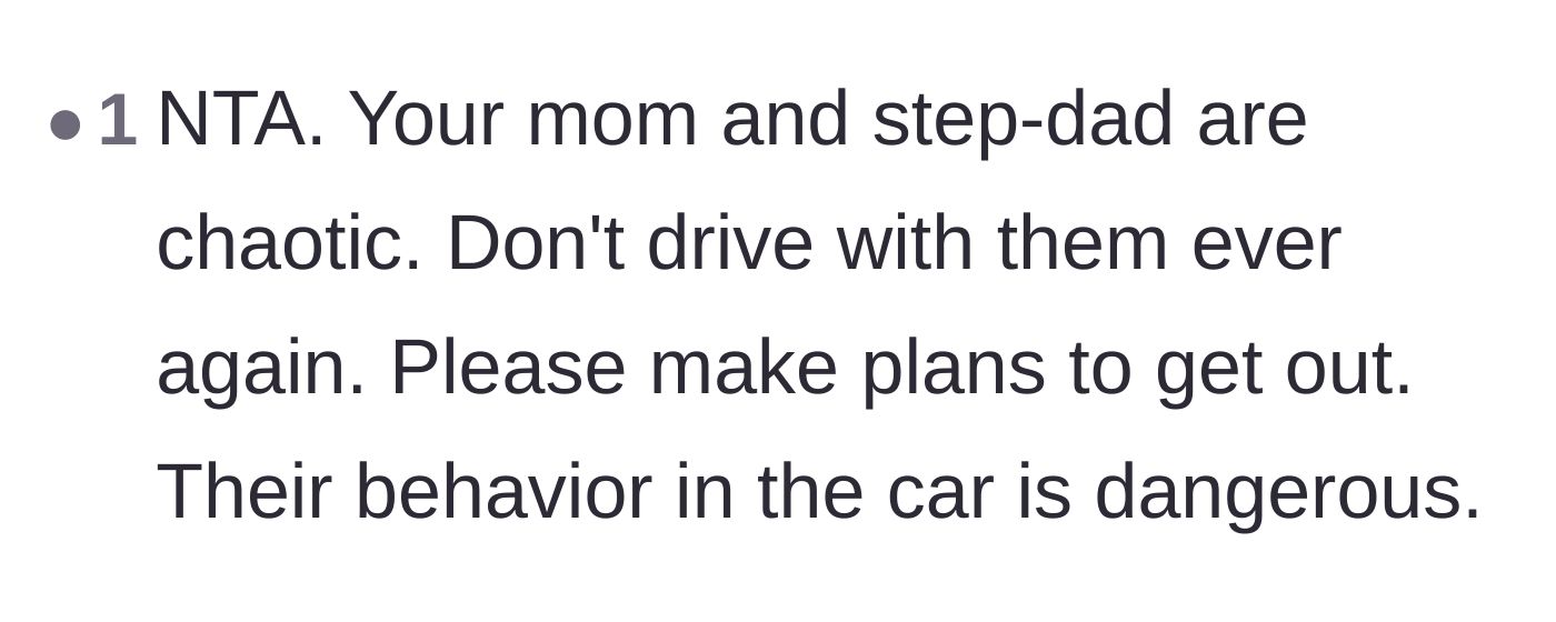 Comment thread 2 - Commenters validating that the parents' behavior is chaotic and dangerous, urging the teen to plan her escape.