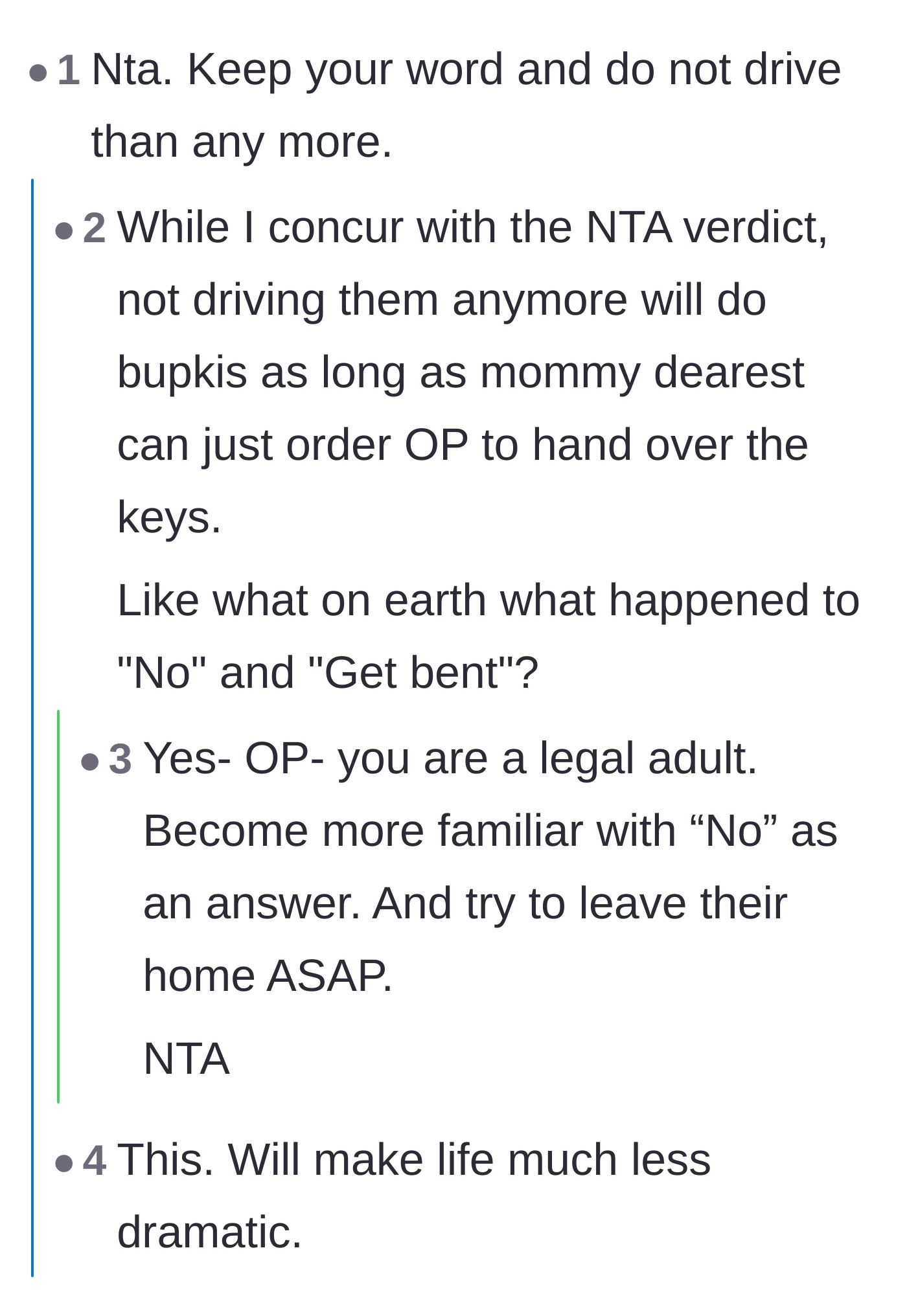 Comment thread 4 - Advice for the young adult to embrace saying 'no' and to stand firm against her mother's entitled demands.