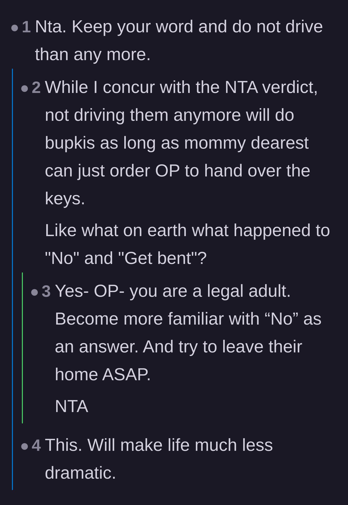 Comment thread 4 - Advice for the young adult to embrace saying 'no' and to stand firm against her mother's entitled demands.